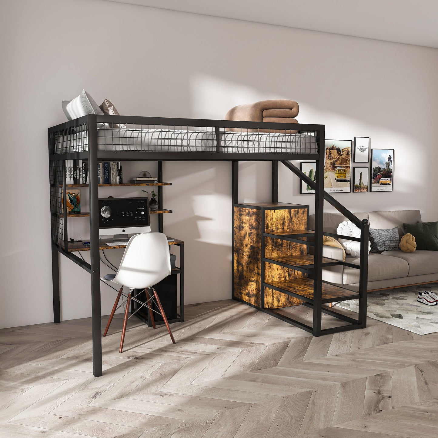 Full Size Loft Bed With Desk & Wardrobe Heavy Frame, Built In Staircase, Storage Rack & Shelves Gaming Bed - Black - The Sleep Loft - Online Mattress Showroom NYC