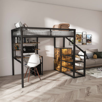 Full Size Loft Bed With Desk & Wardrobe Heavy Frame, Built In Staircase, Storage Rack & Shelves Gaming Bed - Black - The Sleep Loft - Online Mattress Showroom NYC