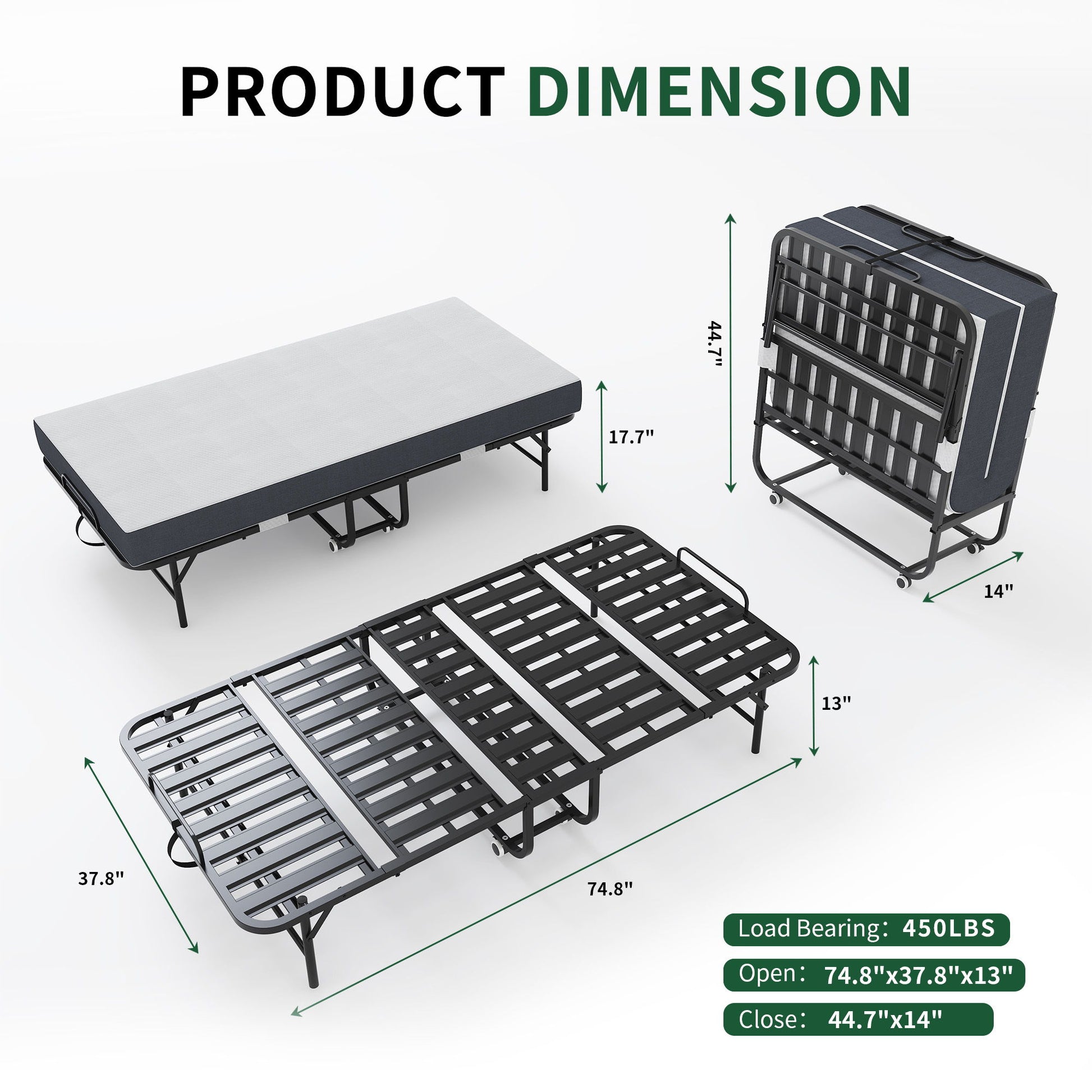 Twin Extra Long Folding Bed For Tall People, Heavy-Duty Rollaway Guest With Memory Foam Mattress - Black - The Sleep Loft - Online Mattress Showroom NYC