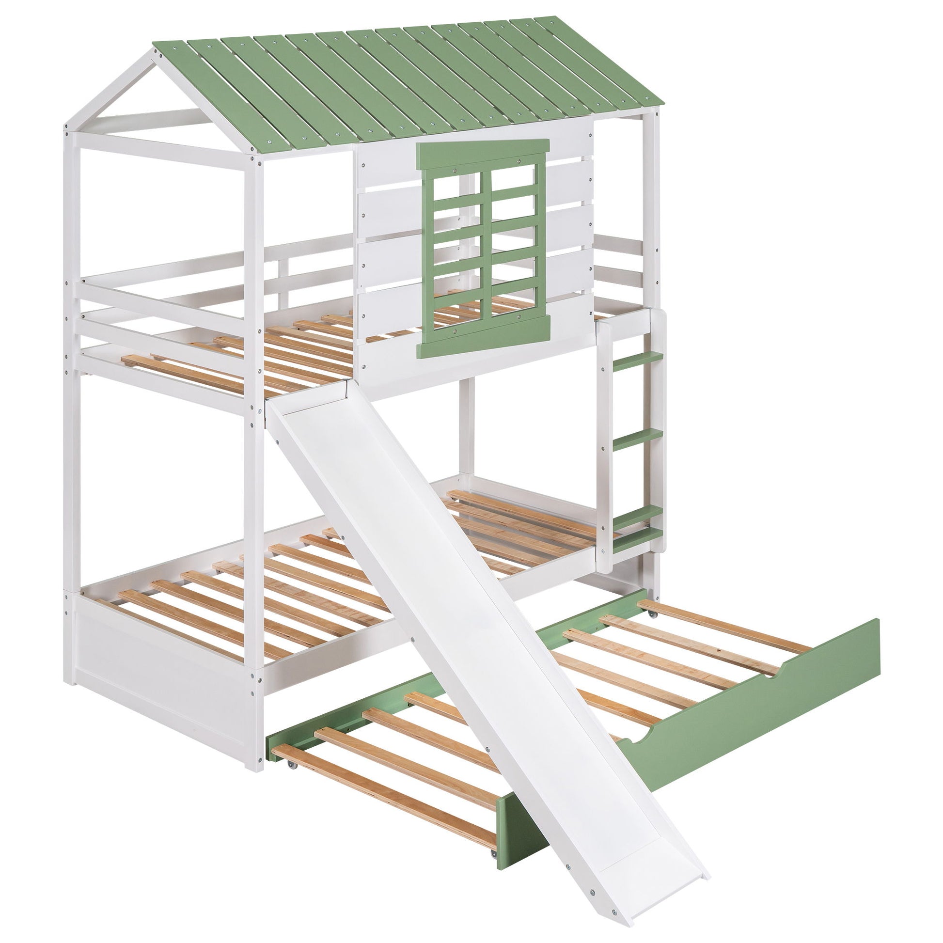 Twin Over Twin House Bunk Bed With Convertible Slide And Trundle - White - The Sleep Loft - Online Mattress Showroom NYC