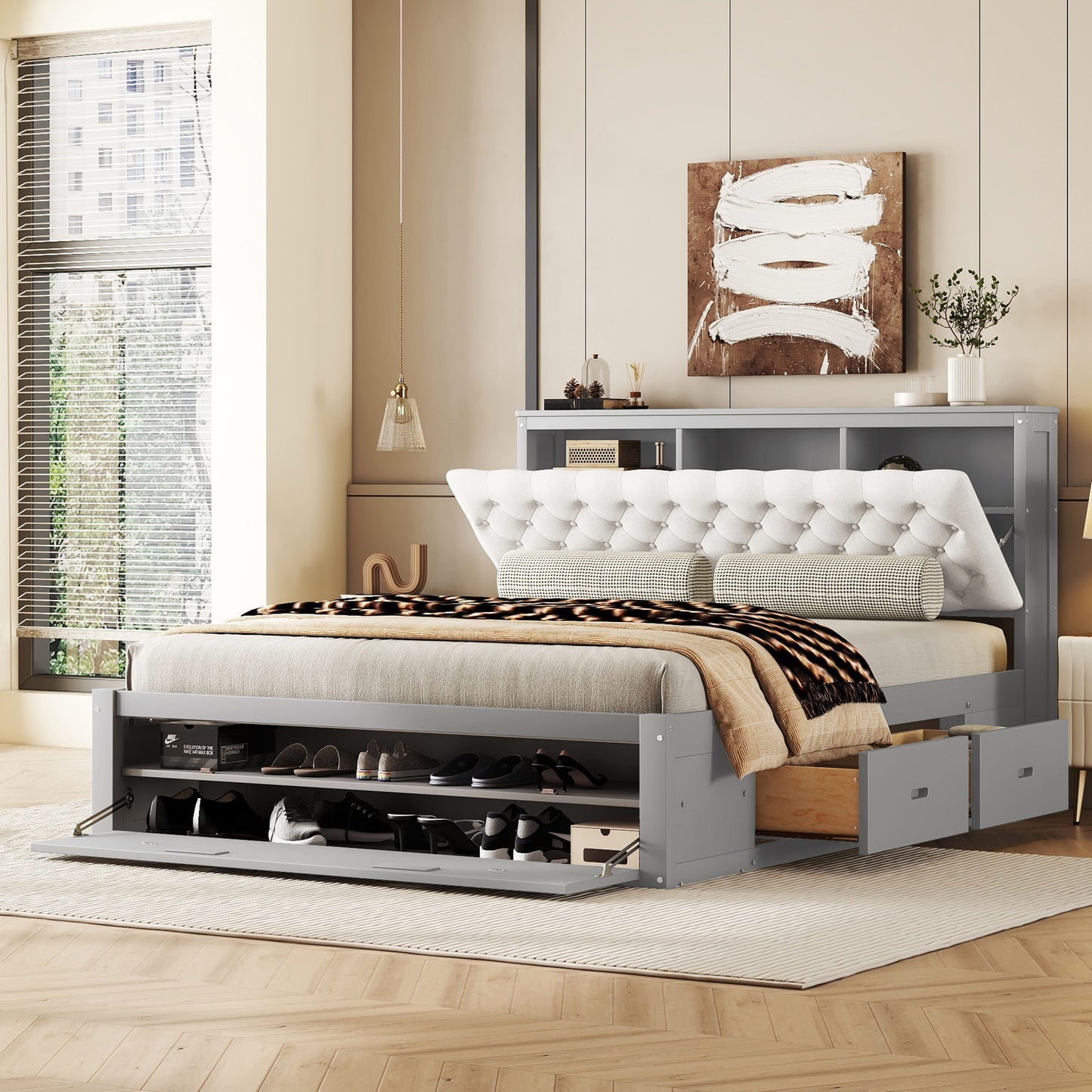 Platform Bed With Storage Headboard, Shoe Rack And 4 Drawers - The Sleep Loft - Online Mattress Showroom NYC