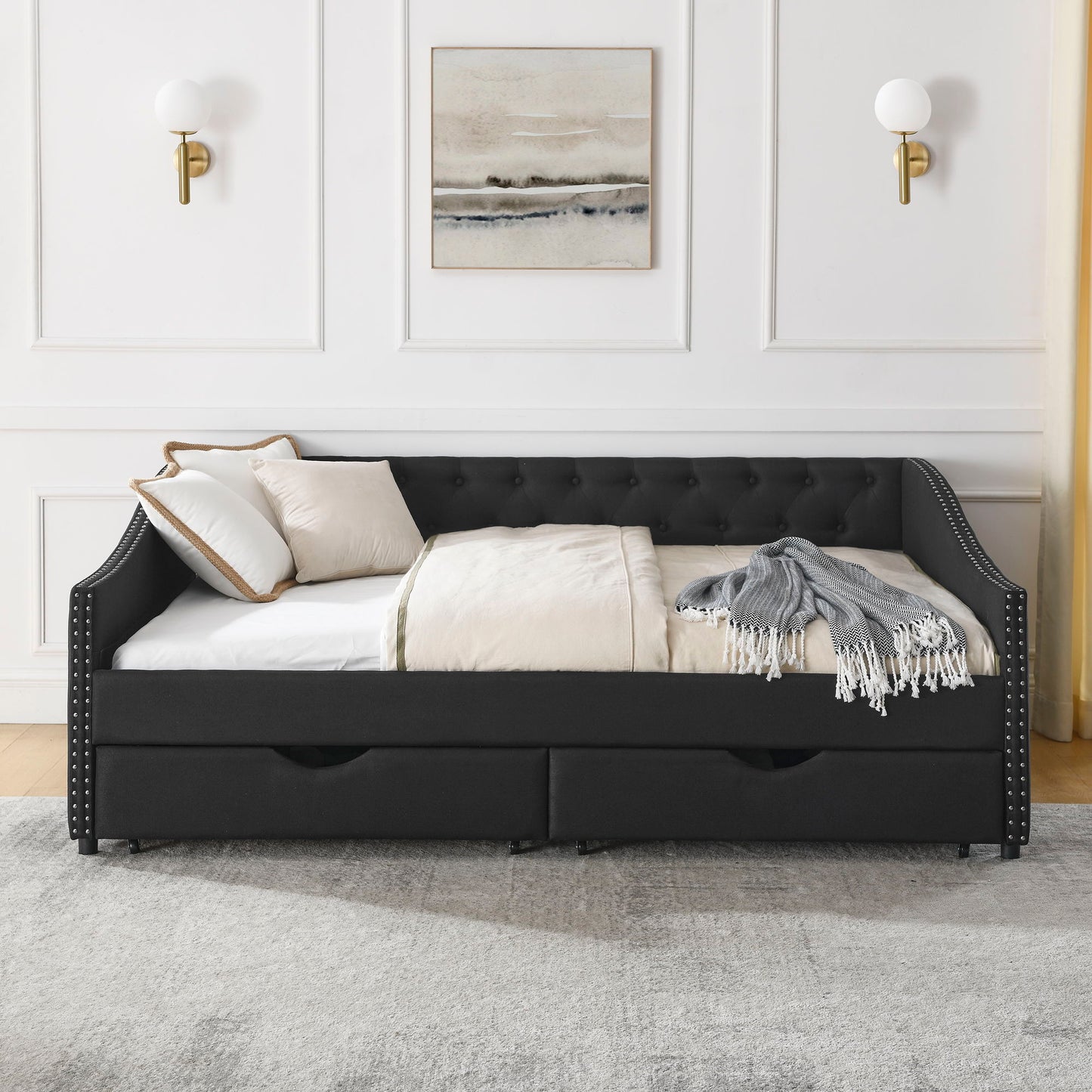 Upholstered Tufted Daybed With 2 Drawers, Waved Arms - The Sleep Loft - Online Mattress Showroom NYC