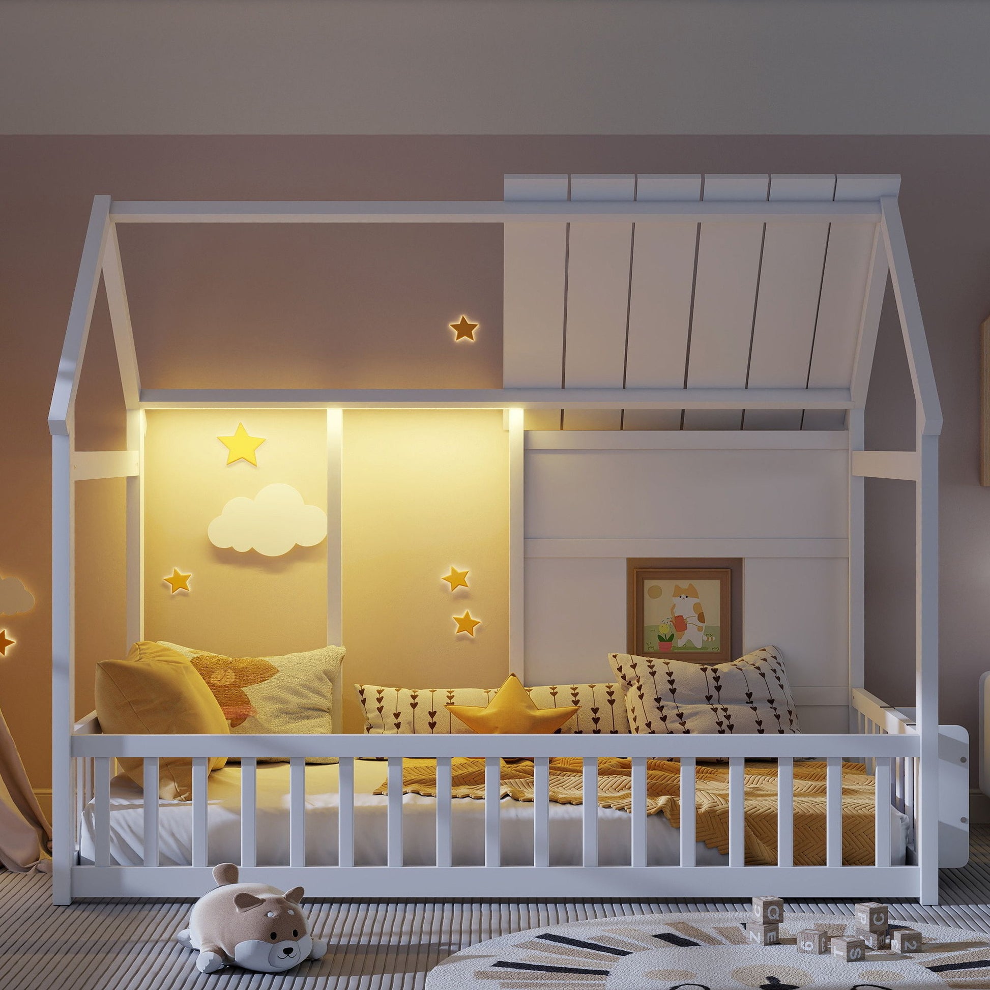 House Floor Bed With 7 Color LED Light, Built In Bookshelf - The Sleep Loft - Online Mattress Showroom NYC