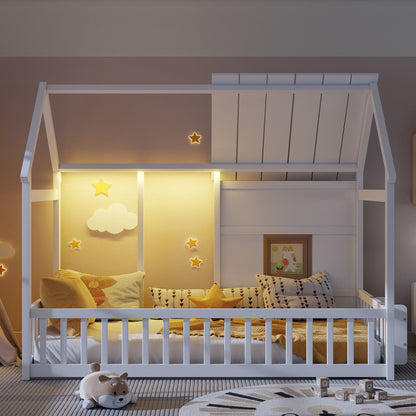 House Floor Bed With 7 Color LED Light, Built In Bookshelf - The Sleep Loft - Online Mattress Showroom NYC