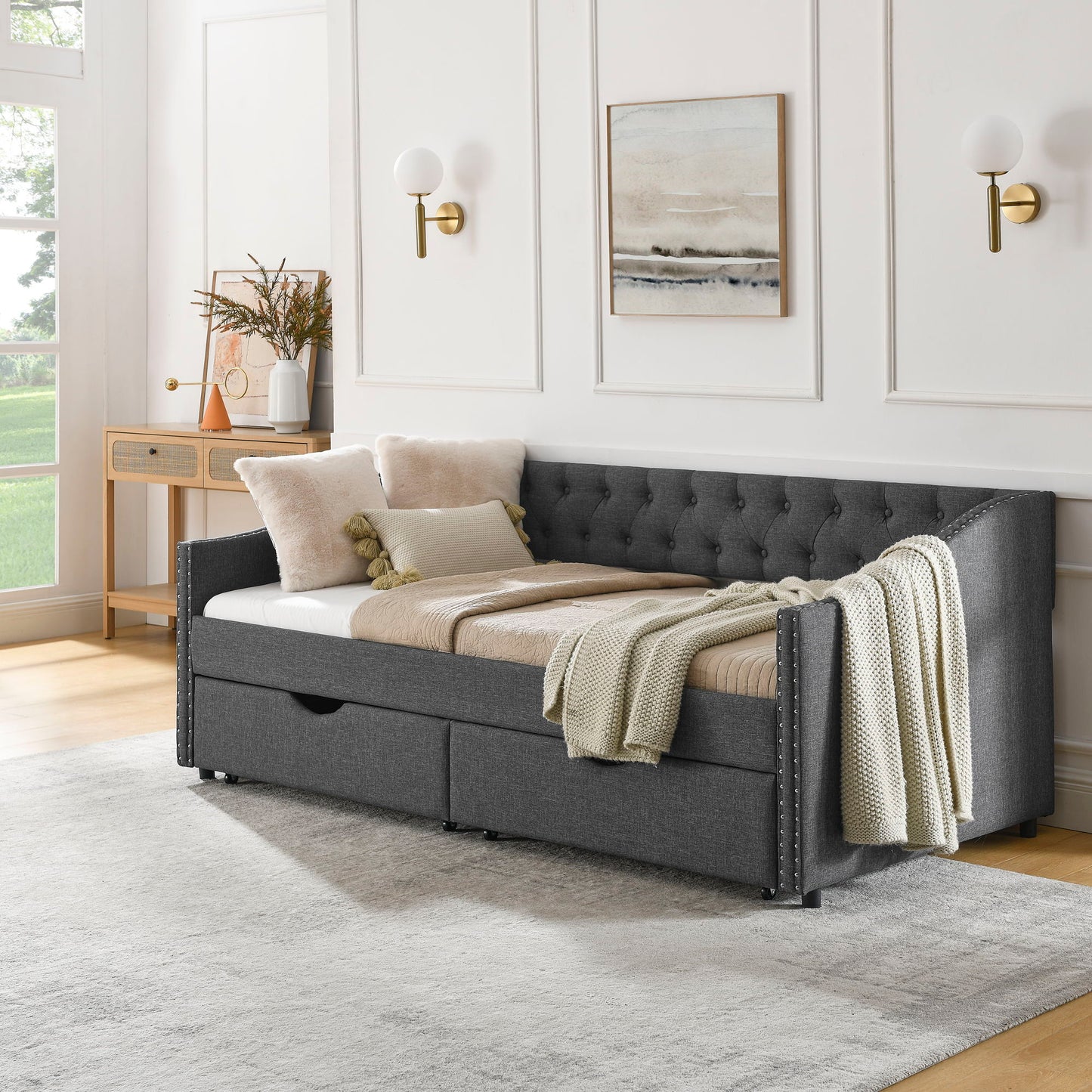 Upholstered Tufted Daybed With 2 Drawers, Waved Arms - The Sleep Loft - Online Mattress Showroom NYC