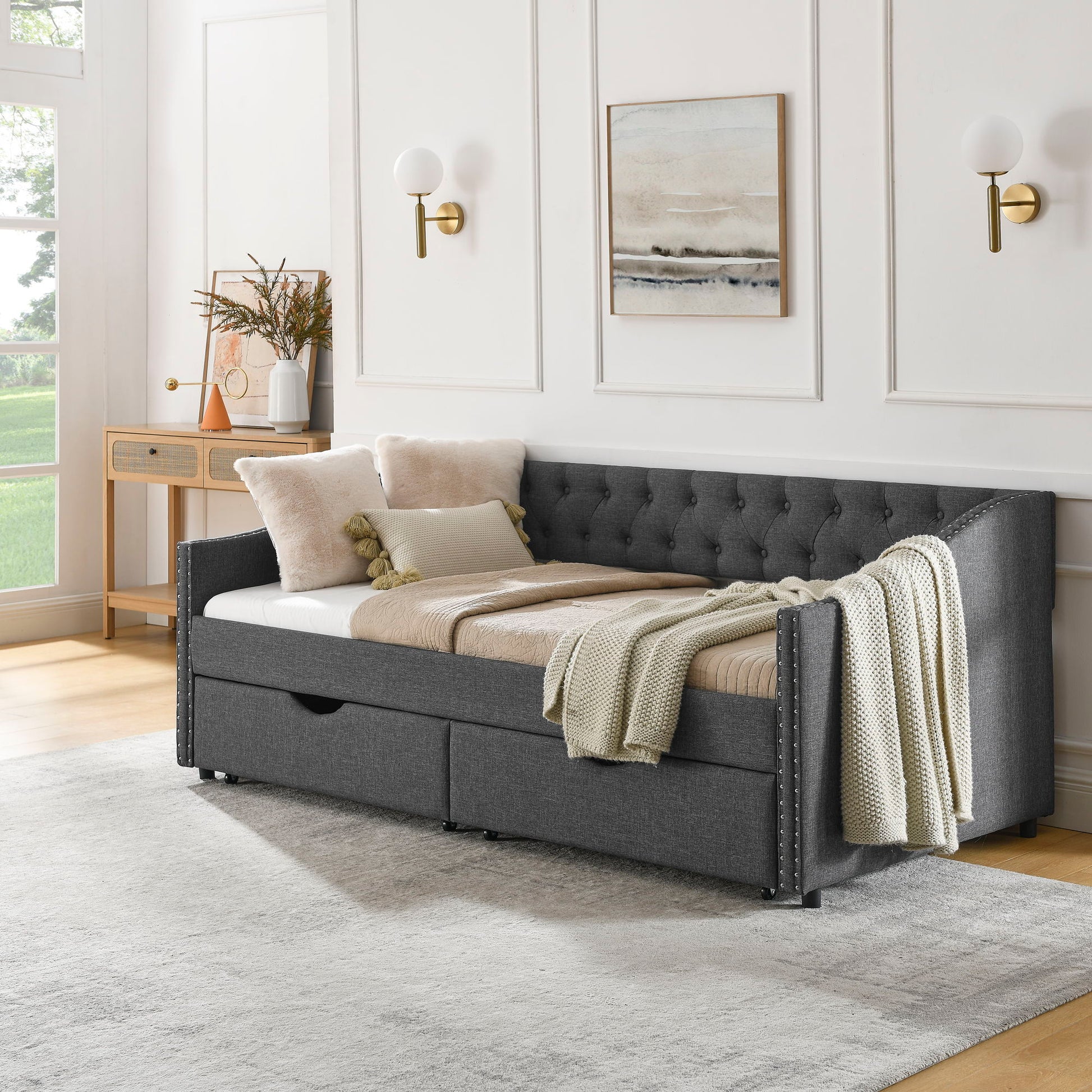 Upholstered Tufted Daybed With 2 Drawers, Waved Arms - The Sleep Loft - Online Mattress Showroom NYC