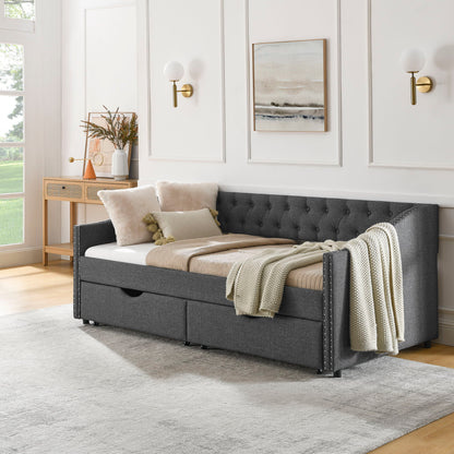 Upholstered Tufted Daybed With 2 Drawers, Waved Arms - The Sleep Loft - Online Mattress Showroom NYC