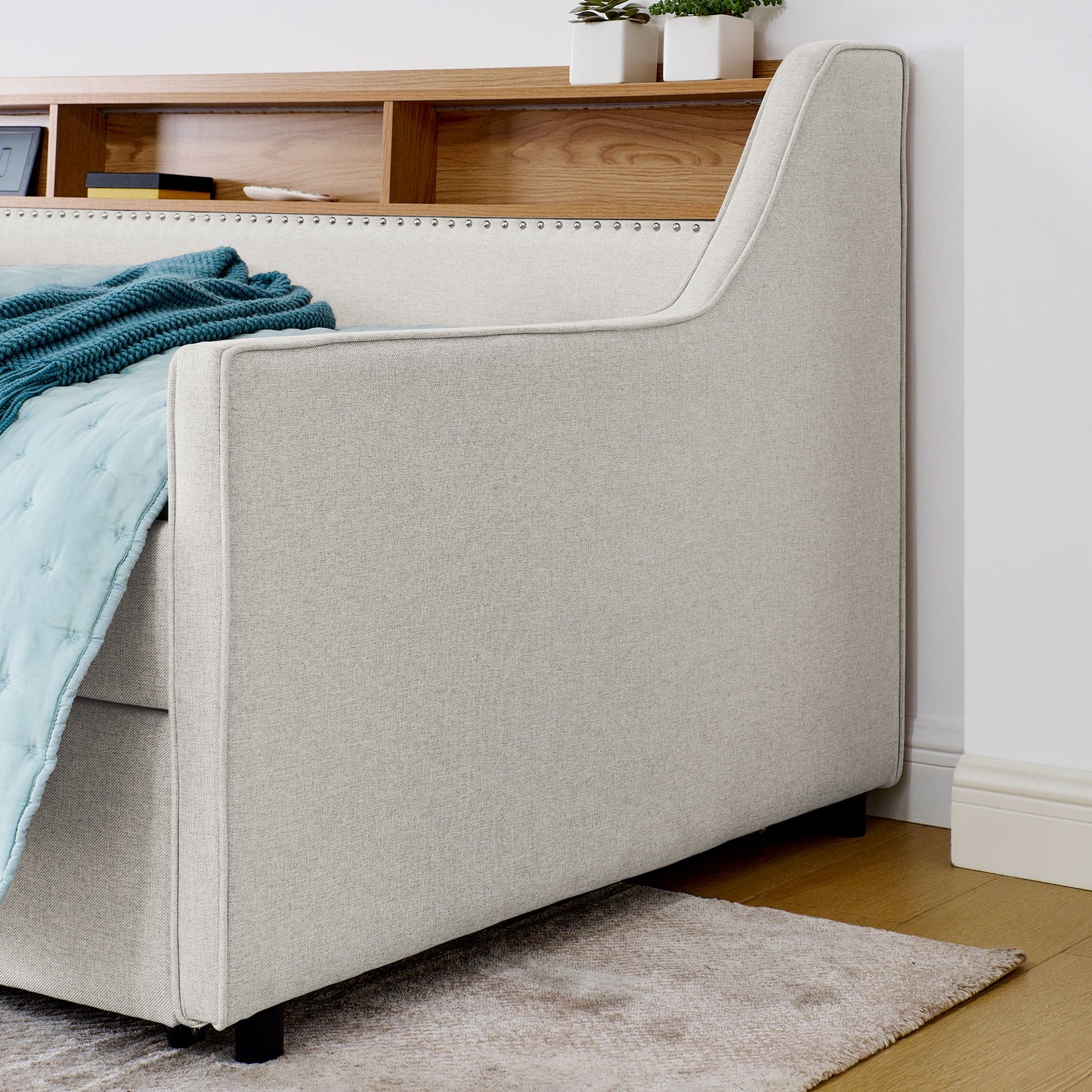 Upholstered Sofa Bed With LED Lights, Storage Headboard, Foldable Trundle & Wireless Charging - The Sleep Loft - Online Mattress Showroom NYC