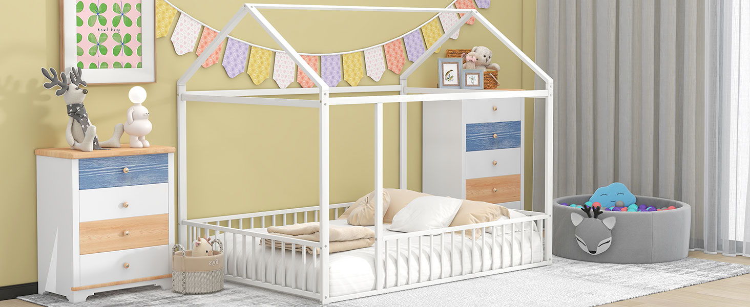 Metal Bed House Bed Frame With Fence - The Sleep Loft - Online Mattress Showroom NYC