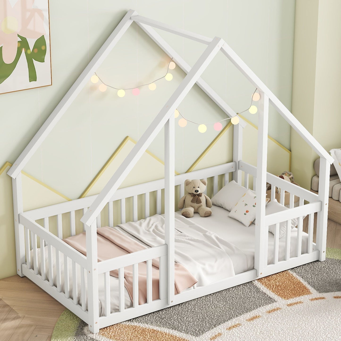 Wood House-Shaped Floor Bed With Fence, Guardrails - The Sleep Loft - Online Mattress Showroom NYC