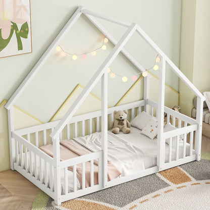 Wood House-Shaped Floor Bed With Fence, Guardrails - The Sleep Loft - Online Mattress Showroom NYC