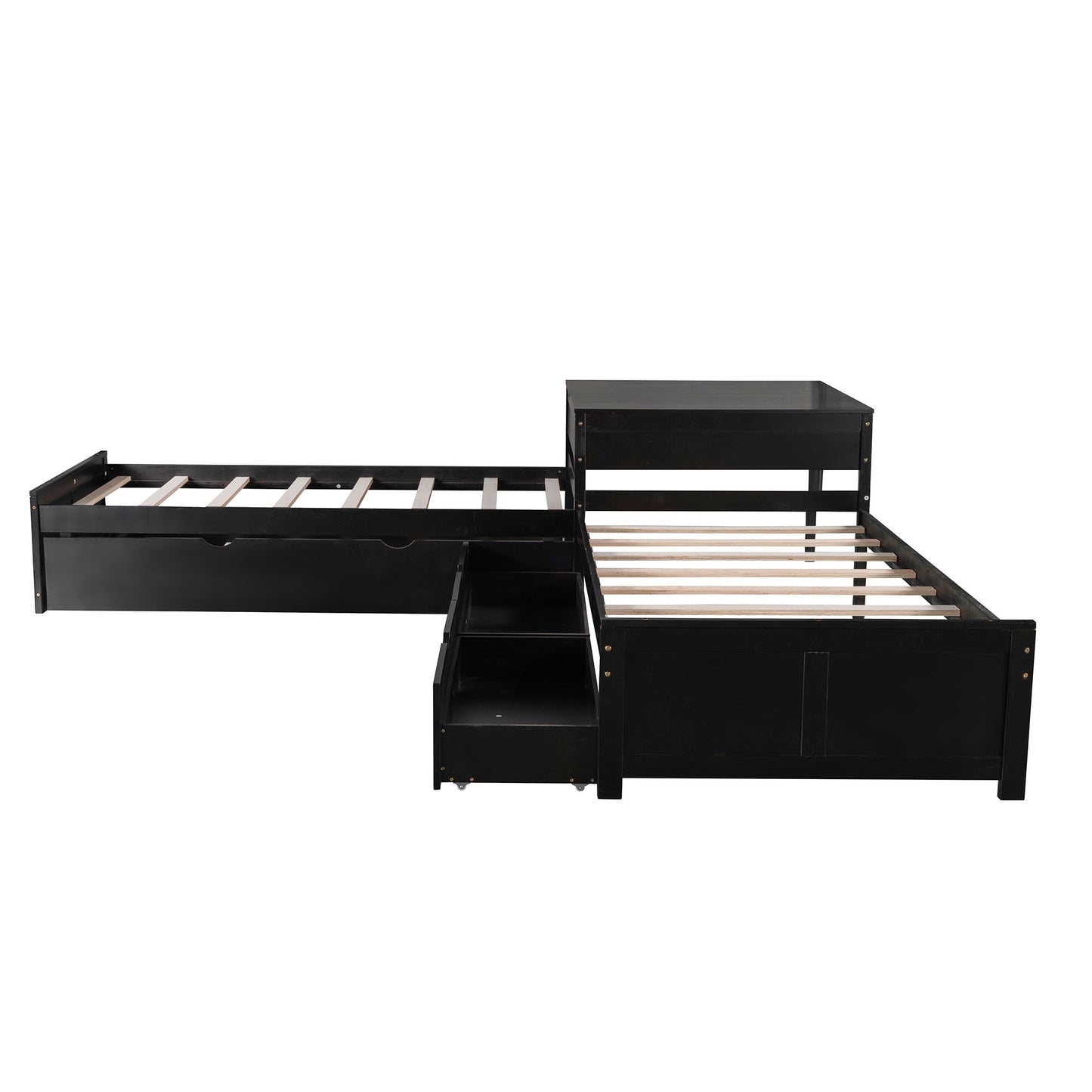 L Shaped Platform Bed With Trundle And Drawers Linked With Built In Desk - The Sleep Loft - Online Mattress Showroom NYC