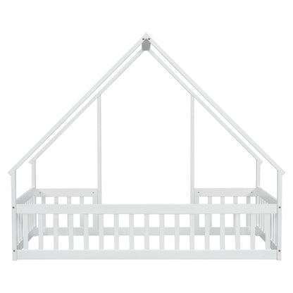 Wood House-Shaped Floor Bed With Fence, Guardrails - The Sleep Loft - Online Mattress Showroom NYC
