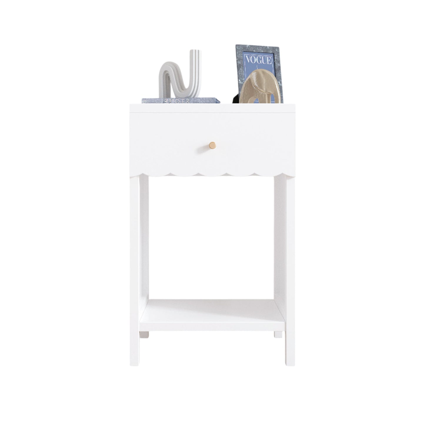 Nightstand With Drawer And Open Shelf, Scalloped Edge Bedside Table - The Sleep Loft - Online Mattress Showroom NYC