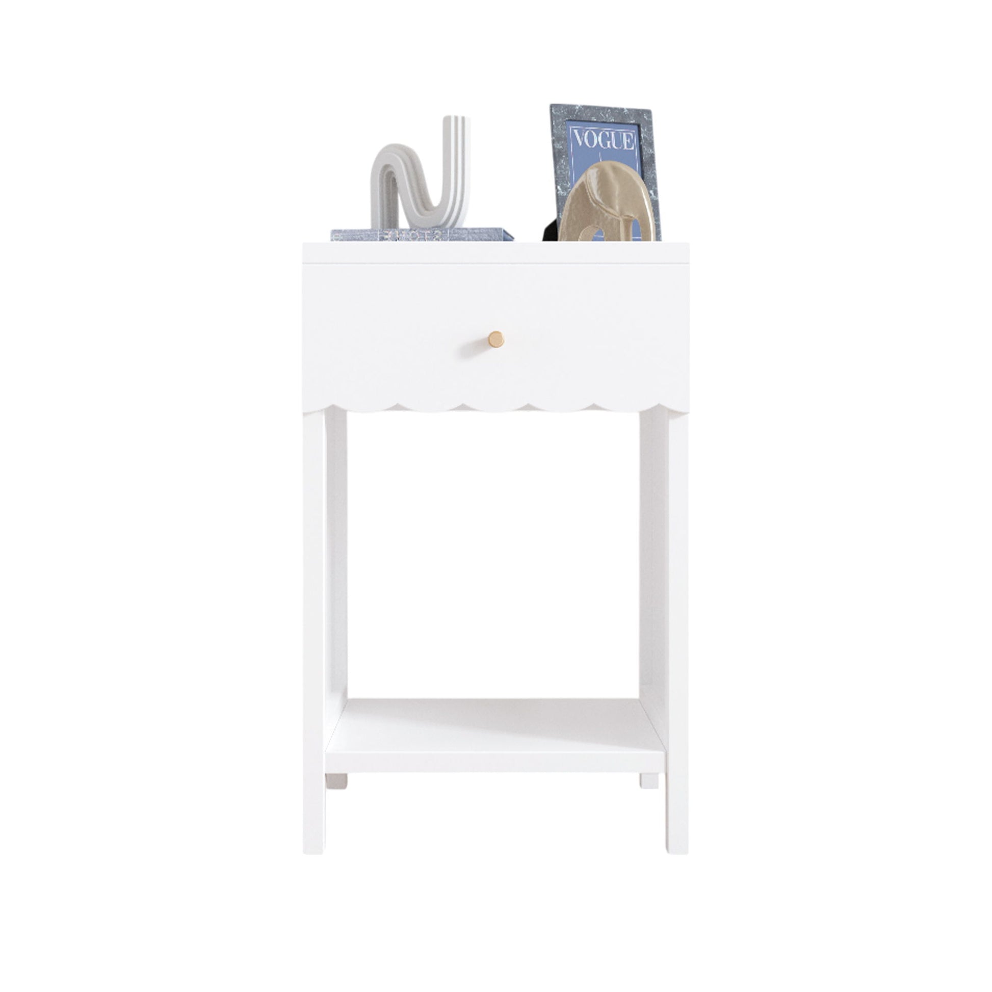 Nightstand With Drawer And Open Shelf, Scalloped Edge Bedside Table - The Sleep Loft - Online Mattress Showroom NYC