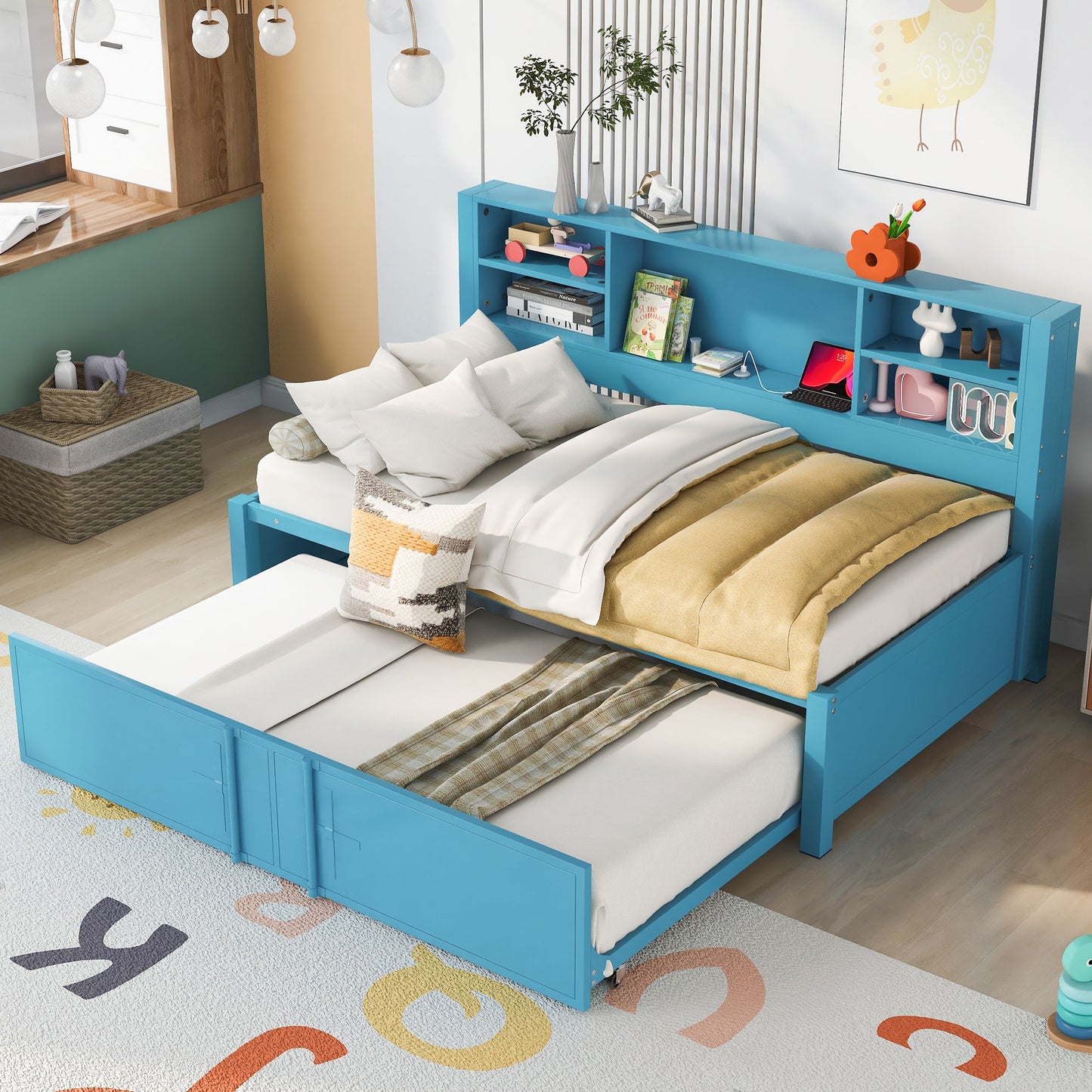 Industrial Metal Daybed With Trundle, Storage Shelves, USB Ports - The Sleep Loft - Online Mattress Showroom NYC