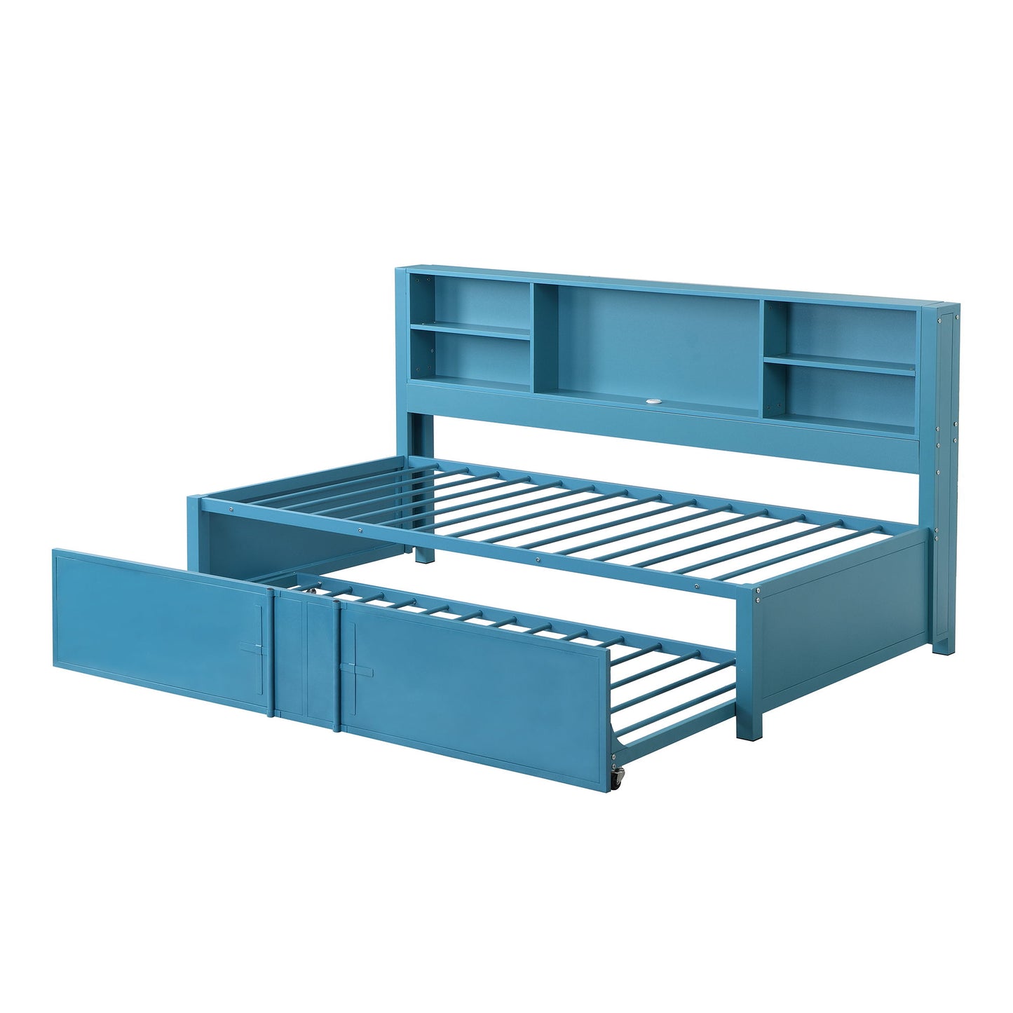 Industrial Metal Daybed With Trundle, Storage Shelves, USB Ports - The Sleep Loft - Online Mattress Showroom NYC