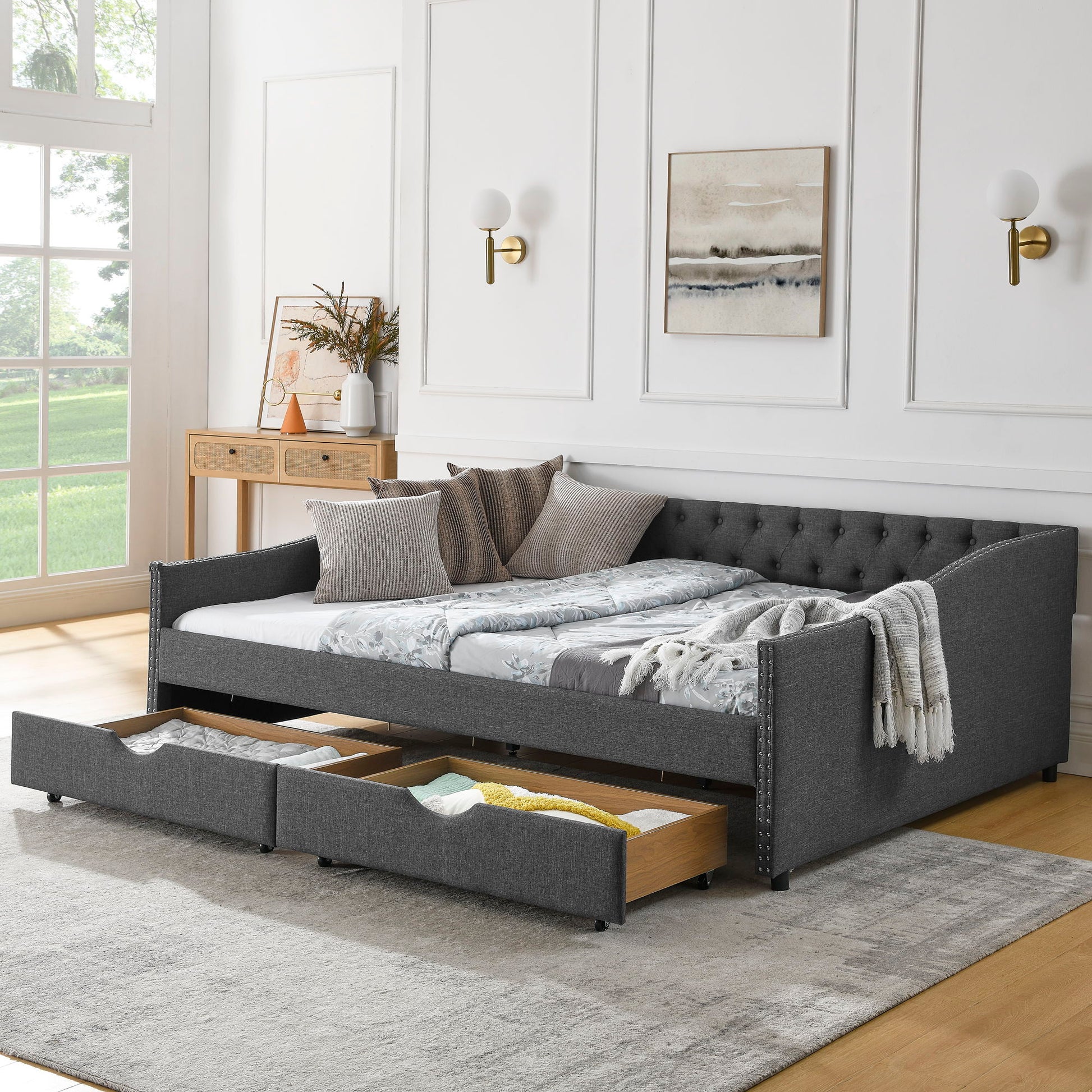 Upholstered Tufted Daybed With 2 Drawers, Waved Arms - The Sleep Loft - Online Mattress Showroom NYC