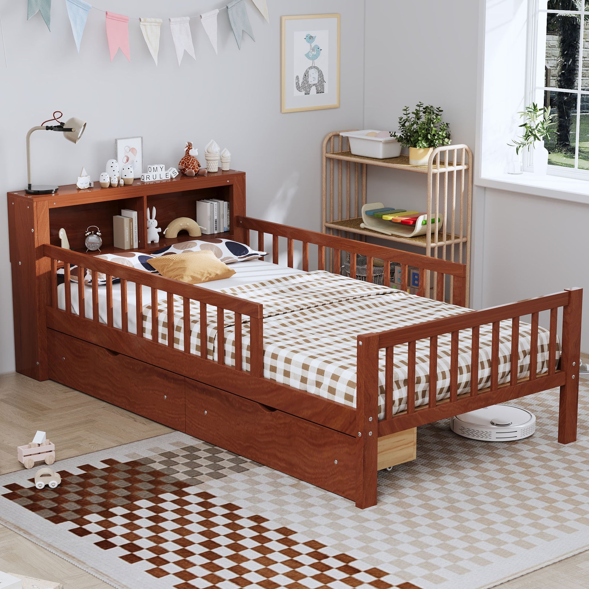 Bed With Headboard Storage Rack, 2 Under Bed Drawers, 3 Side Guardrails For Safety - The Sleep Loft - Online Mattress Showroom NYC