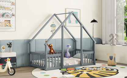 Wood House-Shaped Floor Bed With Fence, Guardrails - The Sleep Loft - Online Mattress Showroom NYC