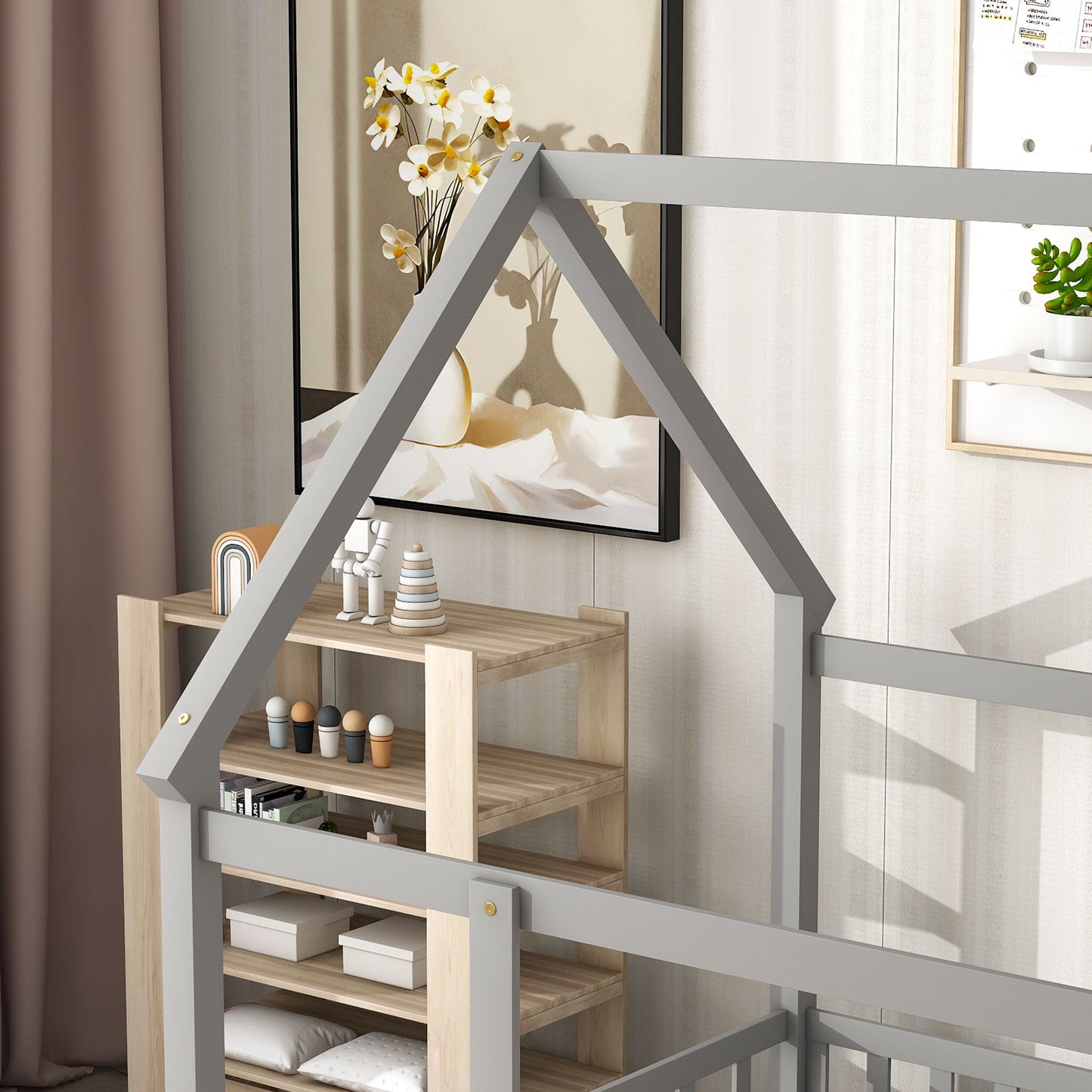 Floor Wooden Bed With House Roof Frame, Fence Guardrails - The Sleep Loft - Online Mattress Showroom NYC