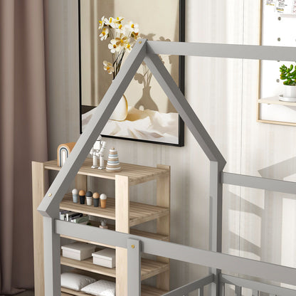 Floor Wooden Bed With House Roof Frame, Fence Guardrails - The Sleep Loft - Online Mattress Showroom NYC