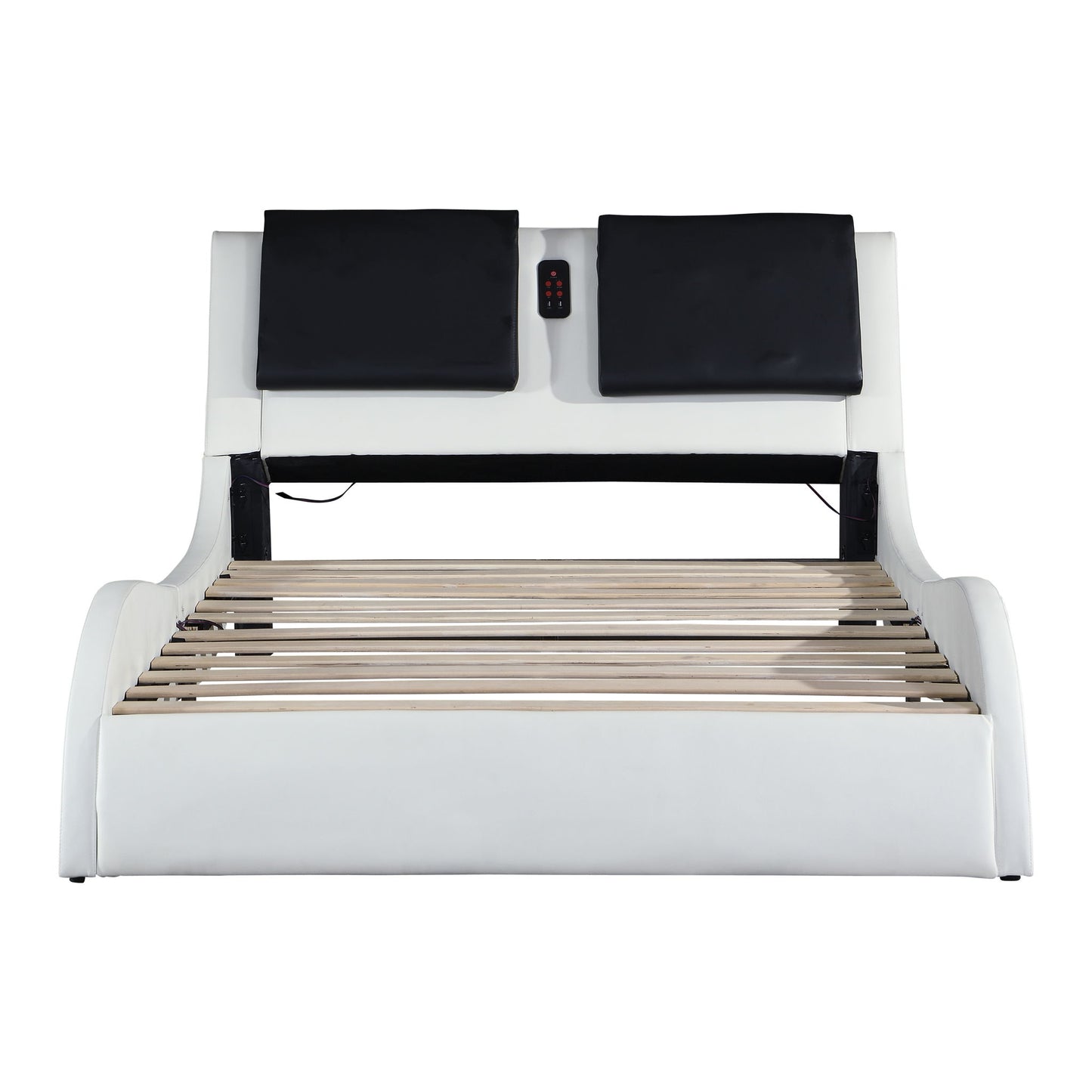 Upholstered Platform Bed Frame With LED Lighting, Bluetooth Connection To Play Music Control, Backrest Vibration Massage, Curve Design, Wood Slat Support, Exhibited Speakers - The Sleep Loft - Online Mattress Showroom NYC