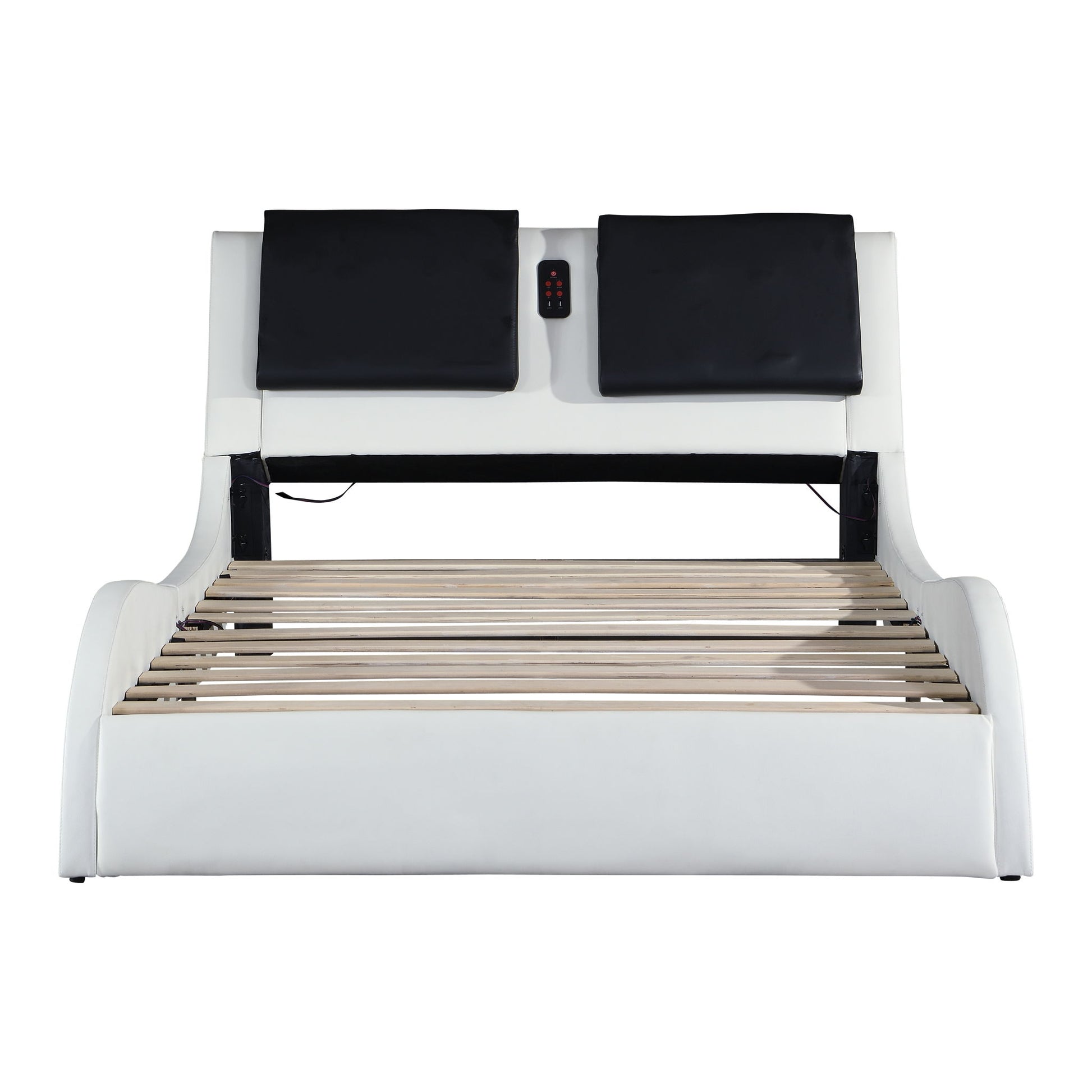 Upholstered Platform Bed Frame With LED Lighting, Bluetooth Connection To Play Music Control, Backrest Vibration Massage, Curve Design, Wood Slat Support, Exhibited Speakers - The Sleep Loft - Online Mattress Showroom NYC