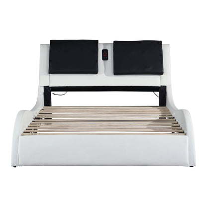 Upholstered Platform Bed Frame With LED Lighting, Bluetooth Connection To Play Music Control, Backrest Vibration Massage, Curve Design, Wood Slat Support, Exhibited Speakers - The Sleep Loft - Online Mattress Showroom NYC