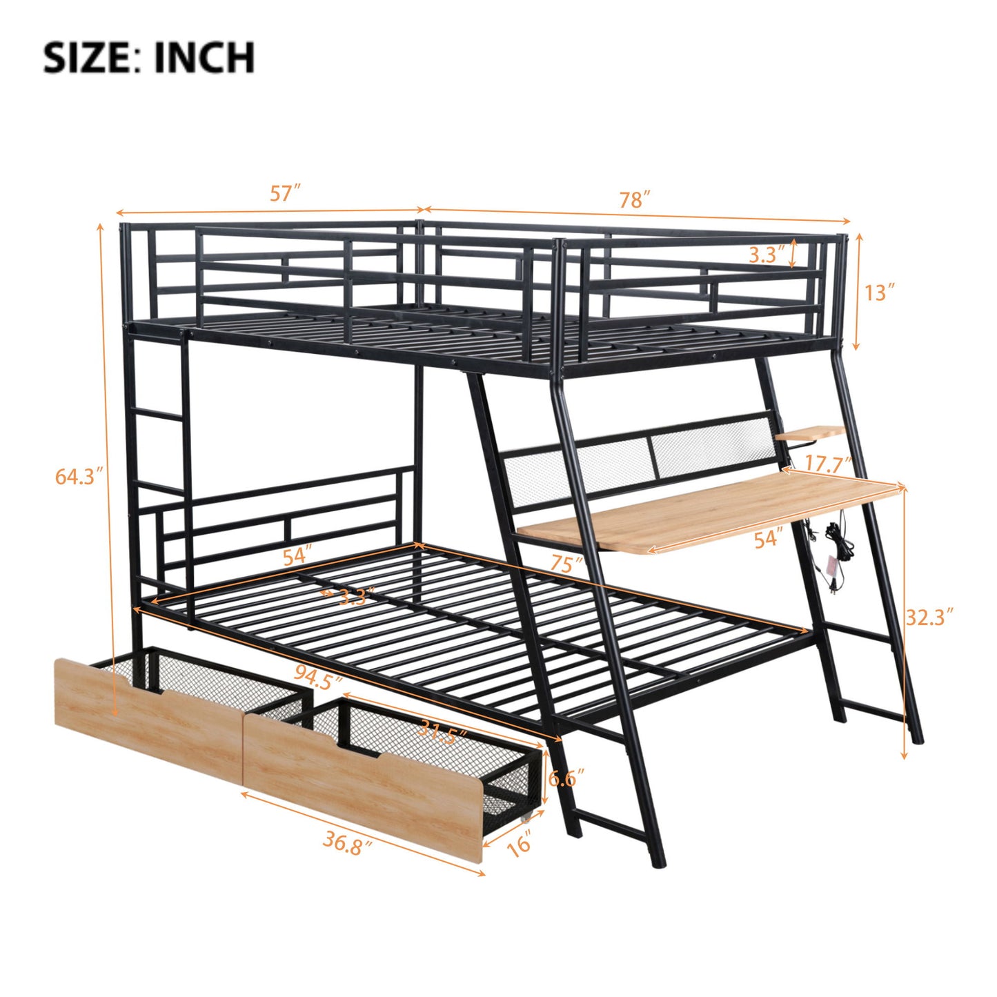 Full Size Bunk Bed With Built In Desk, Light, And 2 Drawers - Black - The Sleep Loft - Online Mattress Showroom NYC