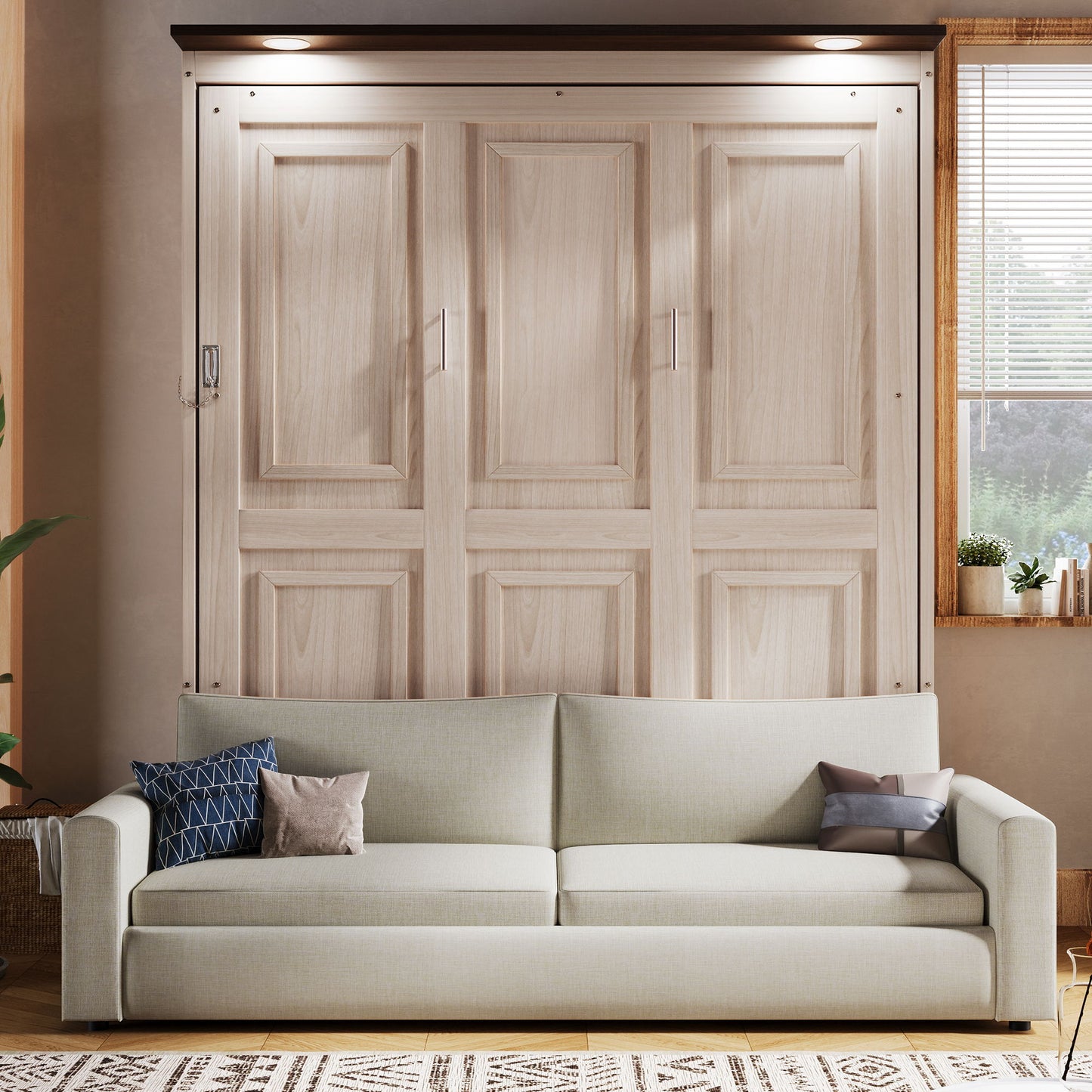 Queen Size Murphy Bed With Sofa And LED - Beige - The Sleep Loft - Online Mattress Showroom NYC