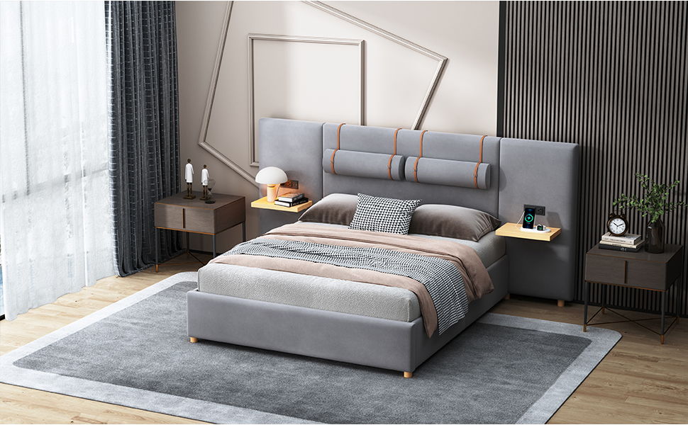 Upholstered Platform Bed, 2 Outlets And USB Charging Ports On Both Sides, 2 Bedside Pillows, Storage Shelves - The Sleep Loft - Online Mattress Showroom NYC