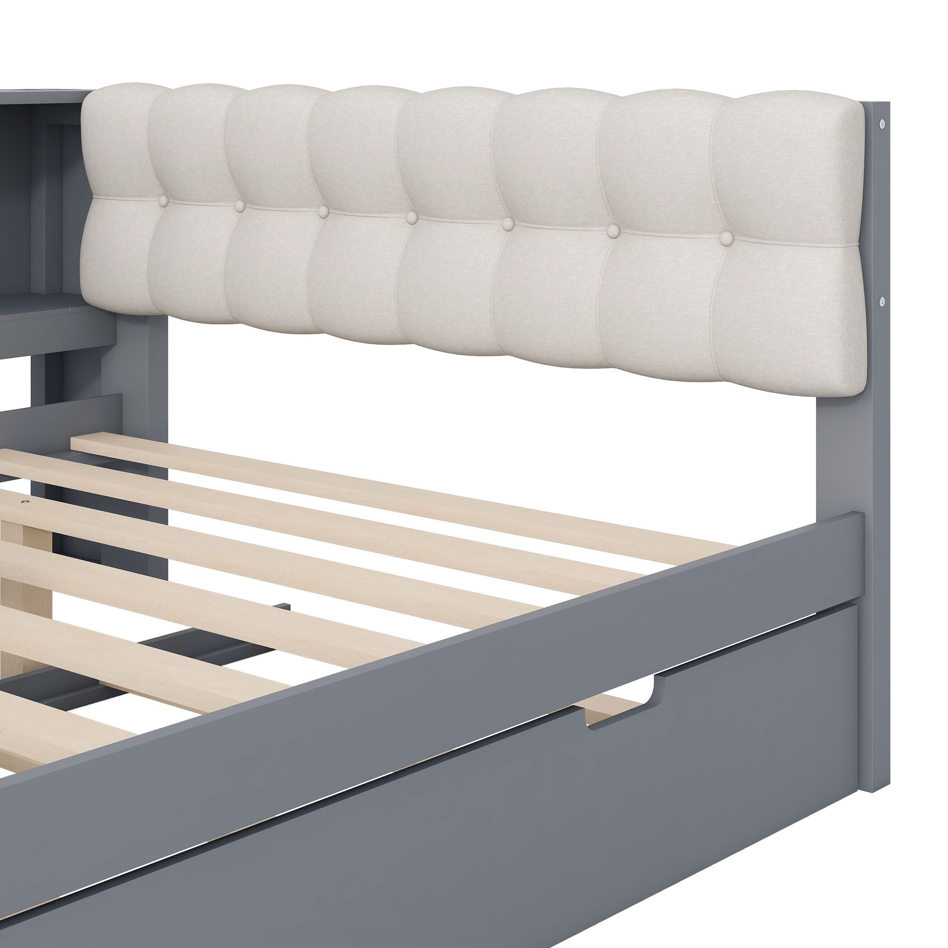 Upholstered Headboard Platform Bed With Storage Shelves, Trundle, Charging Station - The Sleep Loft - Online Mattress Showroom NYC
