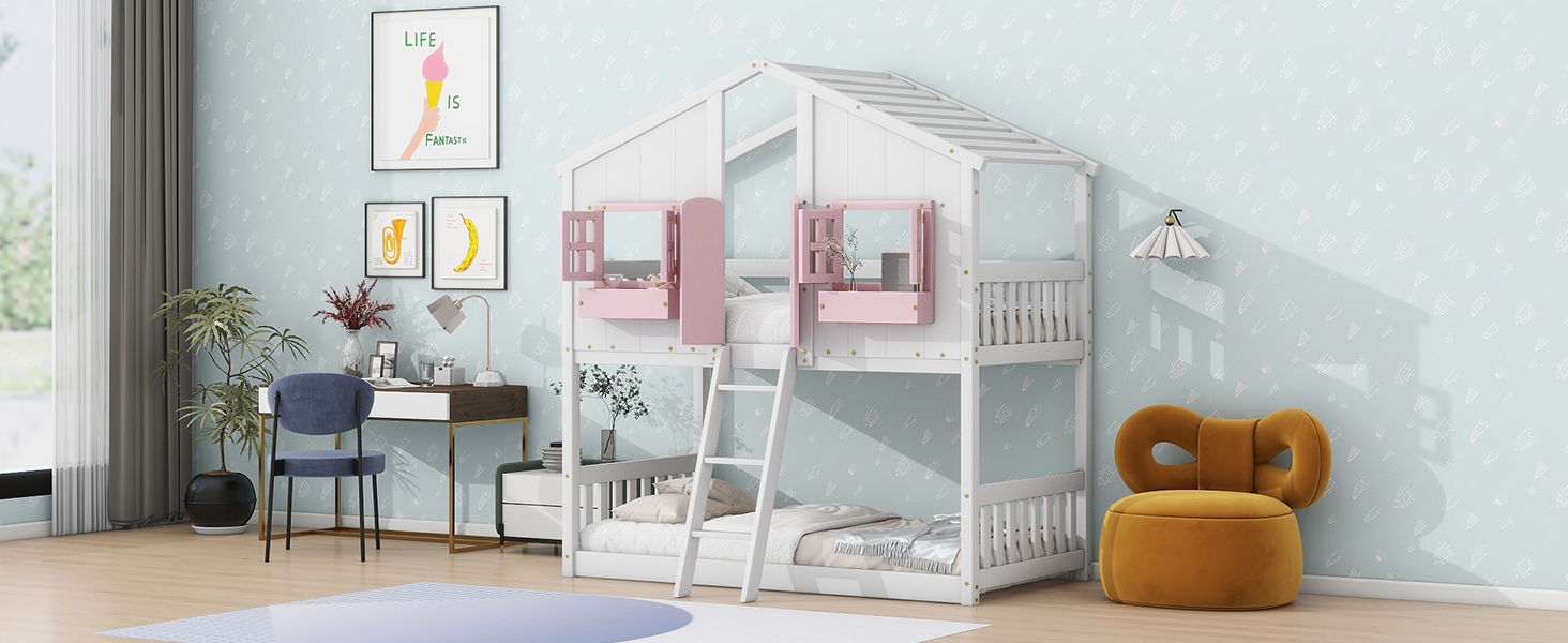 House Bunk Bed With Roof, Window, Window Box, Door, With Safety Guardrails And Ladder - The Sleep Loft - Online Mattress Showroom NYC