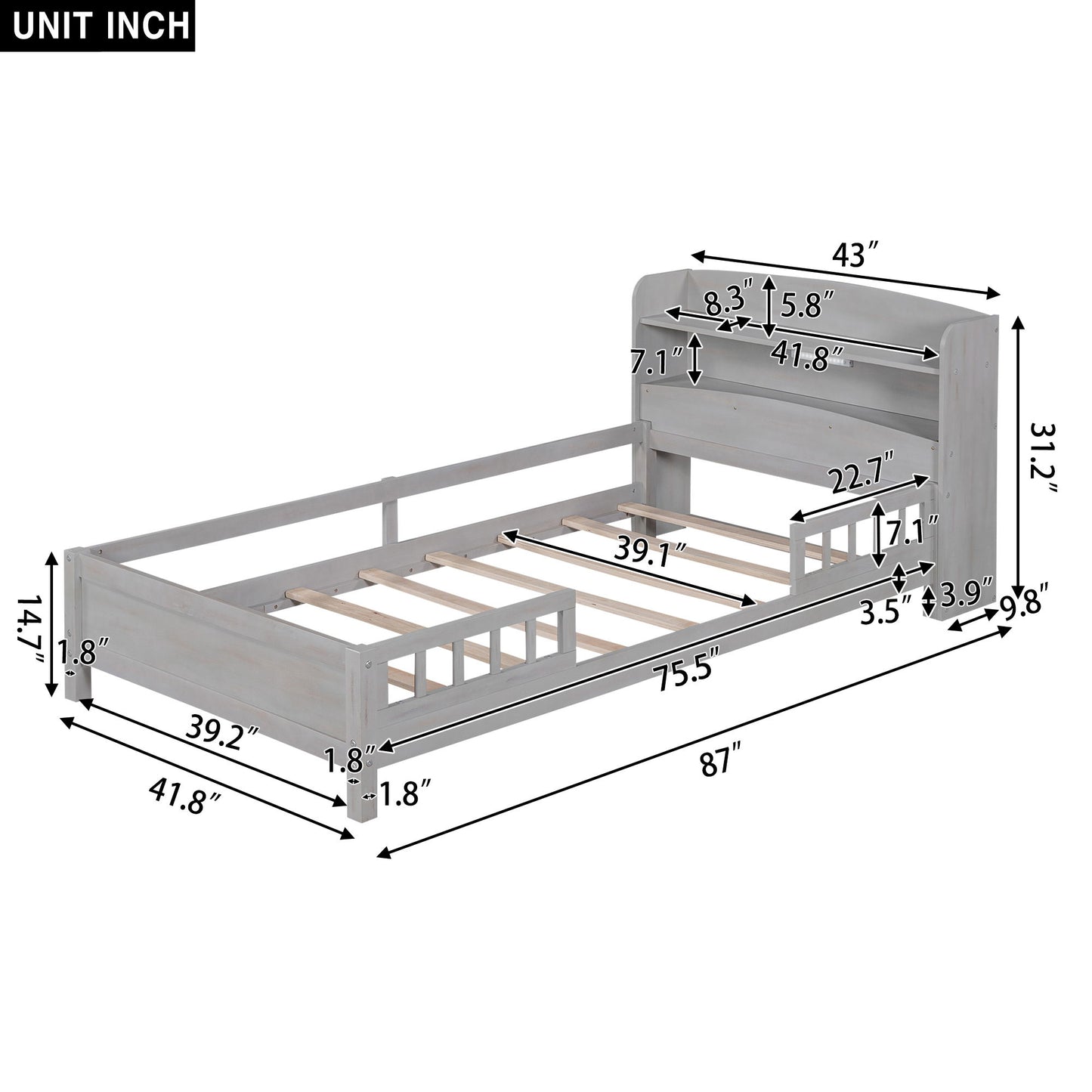 Wood Platform Bed With Built In LED Light, Storage Headboard And Guardrail - The Sleep Loft - Online Mattress Showroom NYC