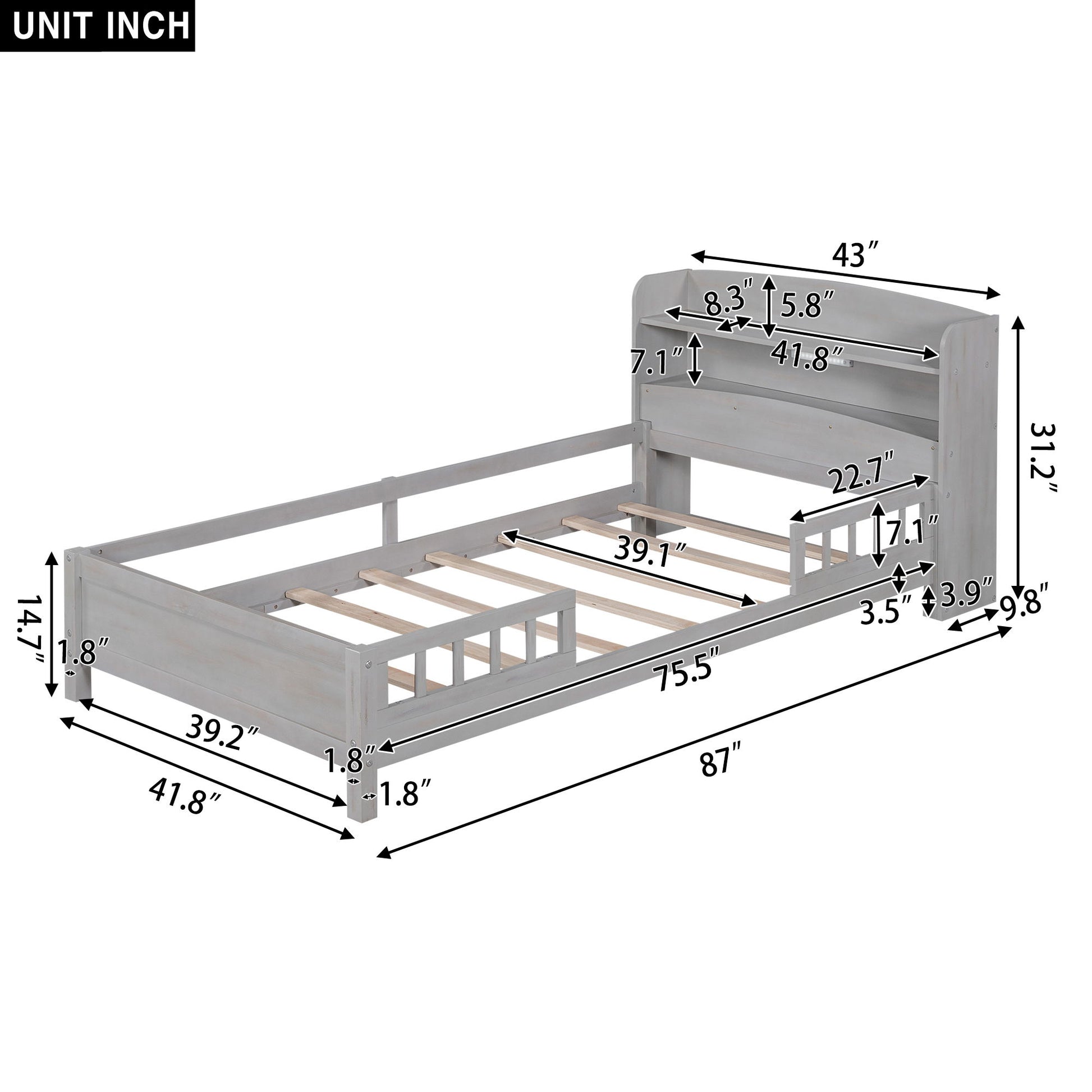 Wood Platform Bed With Built In LED Light, Storage Headboard And Guardrail - The Sleep Loft - Online Mattress Showroom NYC