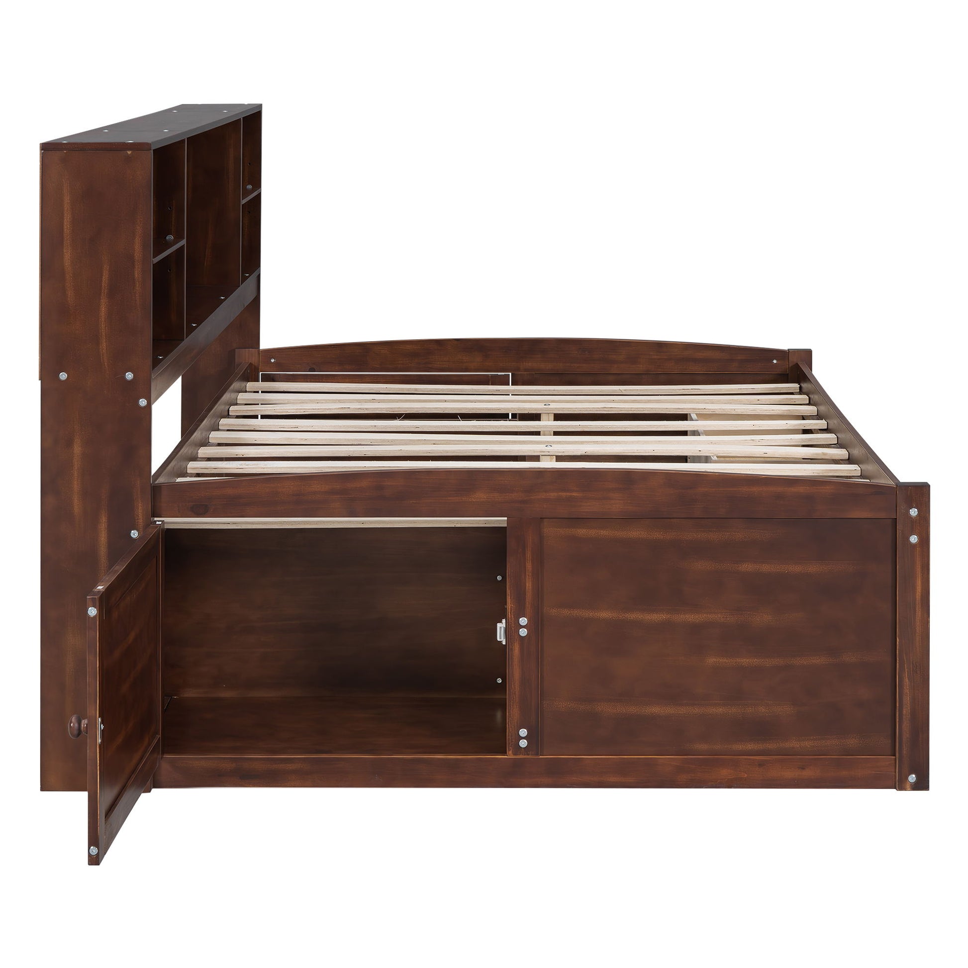 Full Size Captain Bed With Built In Storage Shelves, 4 Drawers And 2 Cabinets - Antique Brown - The Sleep Loft - Online Mattress Showroom NYC