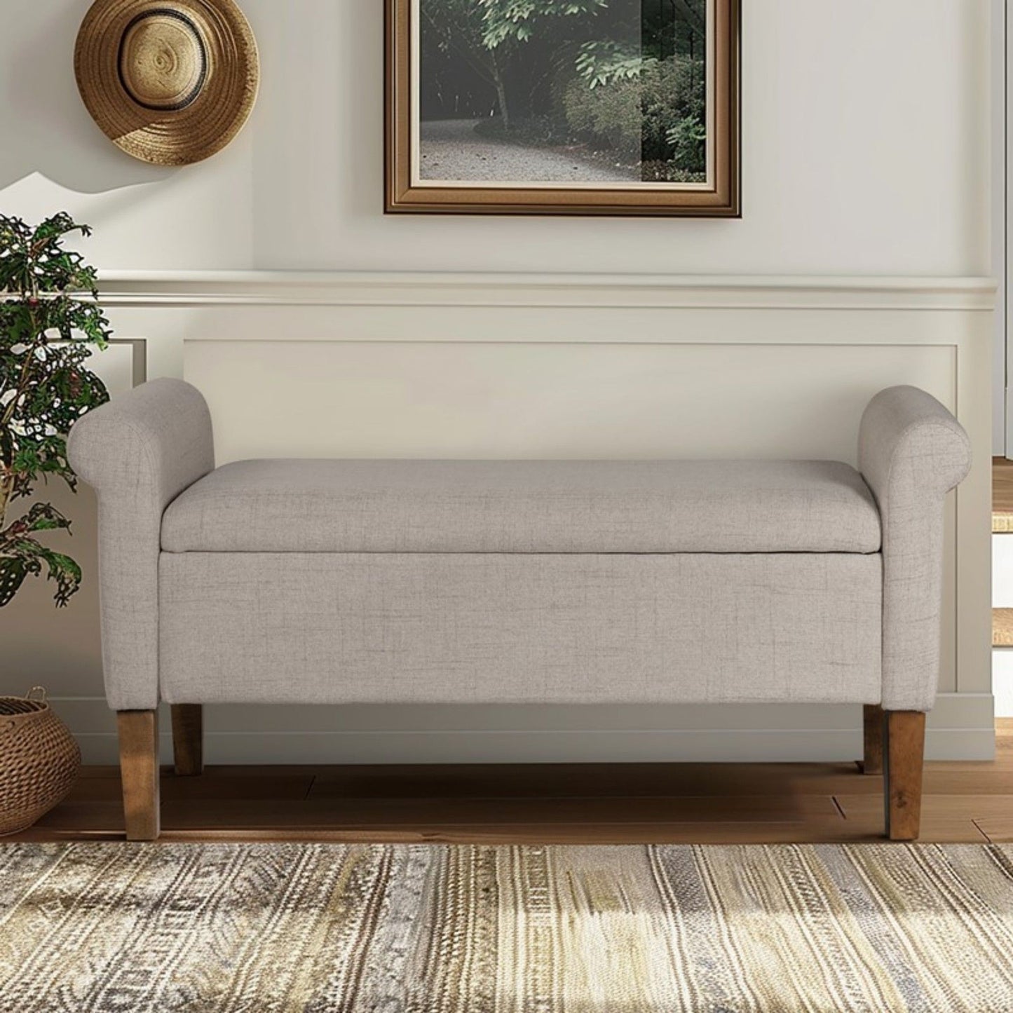 Upholstered Storage Bench With Rolled Armrests - Beige - The Sleep Loft - Online Mattress Showroom NYC