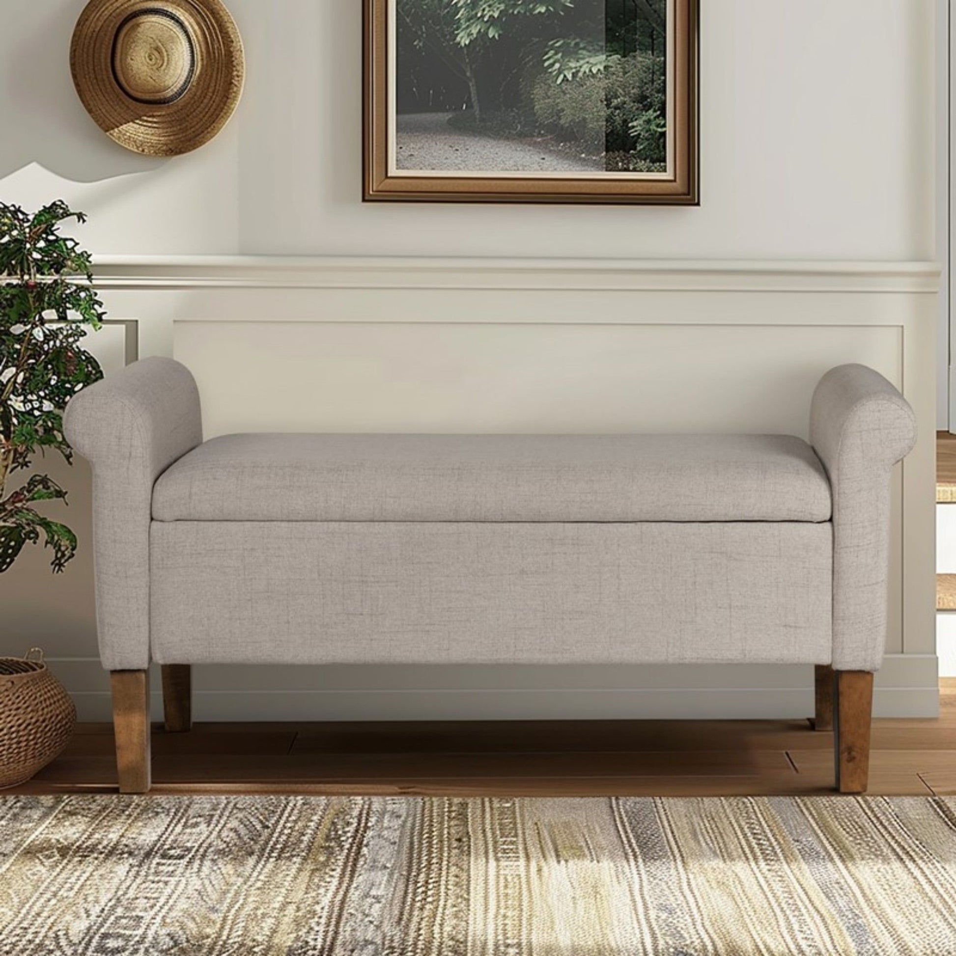 Upholstered Storage Bench With Rolled Armrests - Beige - The Sleep Loft - Online Mattress Showroom NYC