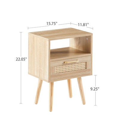 15.75" Rattan End Table With Drawer And Solid Wood Legs, Modern Nightstand, Side Table For Living Room, Bedroom - The Sleep Loft - Online Mattress Showroom NYC