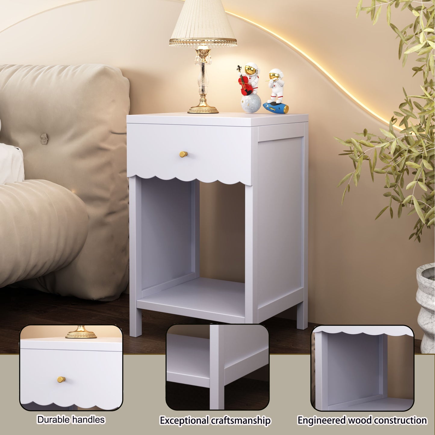 Nightstand With Drawer And Open Shelf, Scalloped Edge Bedside Table - The Sleep Loft - Online Mattress Showroom NYC