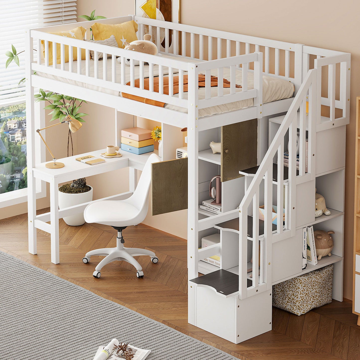 Loft Bed With Built In L Shaped Desk, LED Lights, Storage Shelves, Cabinets, And Staircase - The Sleep Loft - Online Mattress Showroom NYC