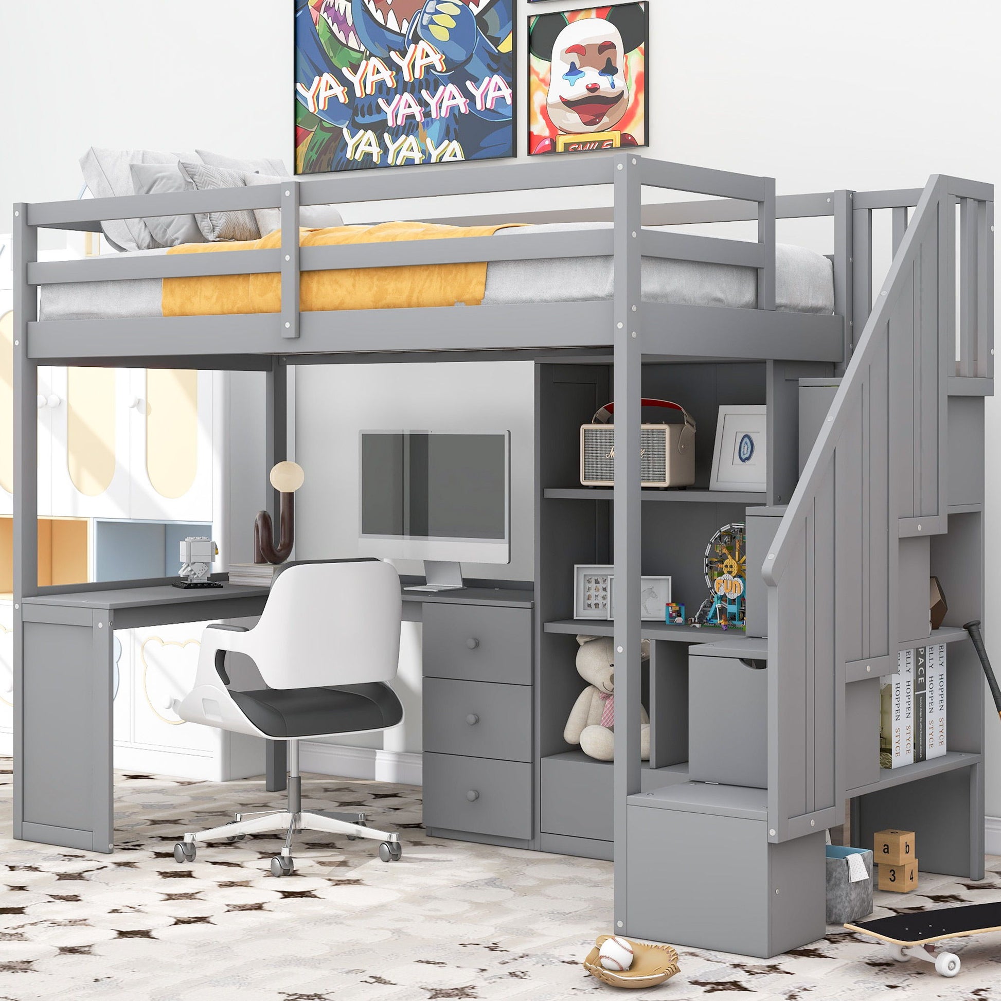 Loft Bed With L Shaped Desk, Drawers, Cabinet, And Storage Staircase - The Sleep Loft - Online Mattress Showroom NYC