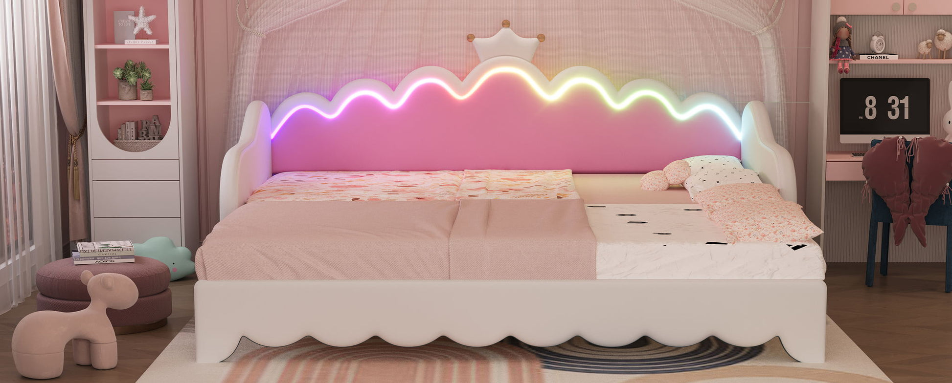 Extending Daybed With LED Lights, Modern Upholstered Princess Daybed With Crown Headboard - The Sleep Loft - Online Mattress Showroom NYC