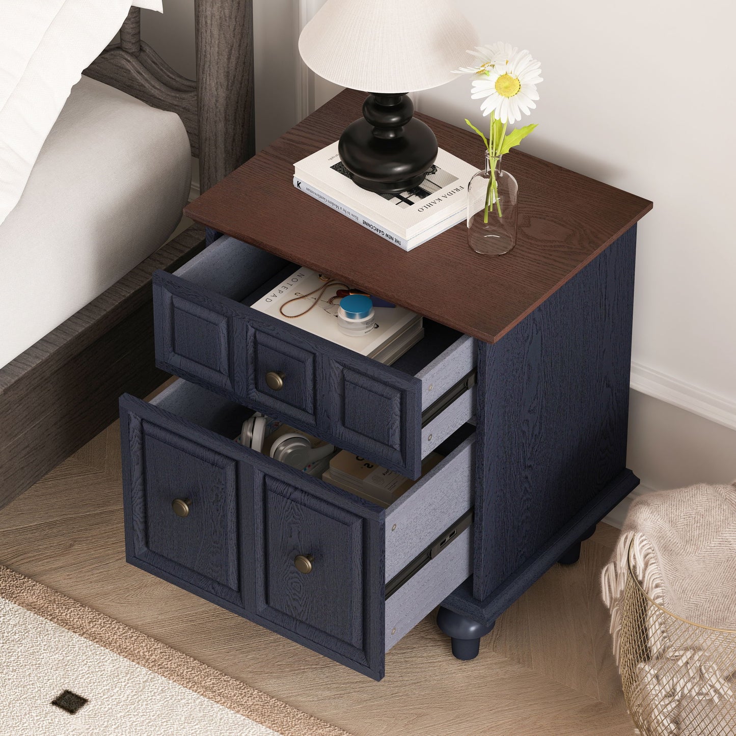 Vintage Nightstand With 2 Drawers And Roman Column Legs - The Sleep Loft - Online Mattress Showroom NYC