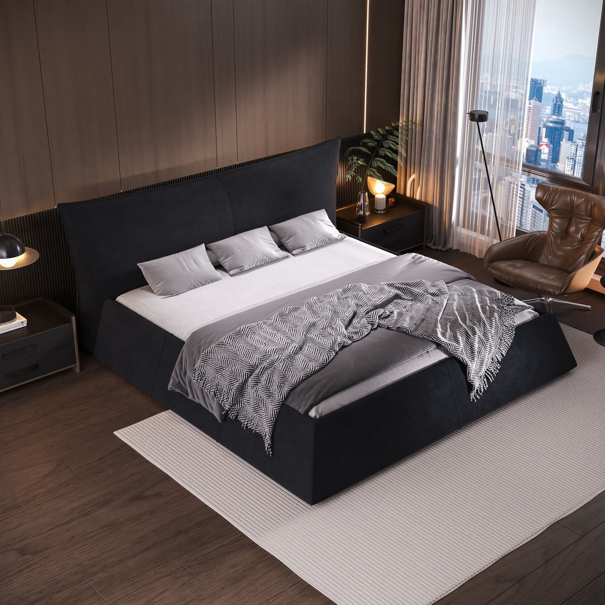 Upholstered Platform Bed With Special Shaped Headboard - The Sleep Loft - Online Mattress Showroom NYC
