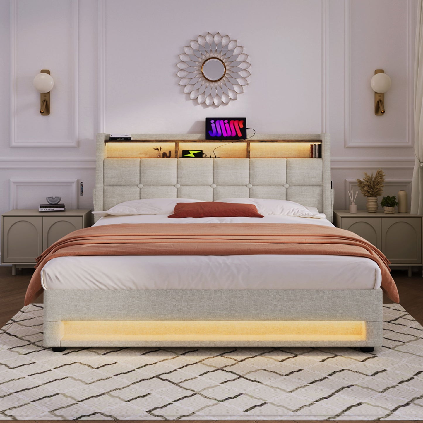 Upholstered Platform Bed With A Hydraulic Storage System, LED And USB Charging (Without Mattress) - The Sleep Loft - Online Mattress Showroom NYC
