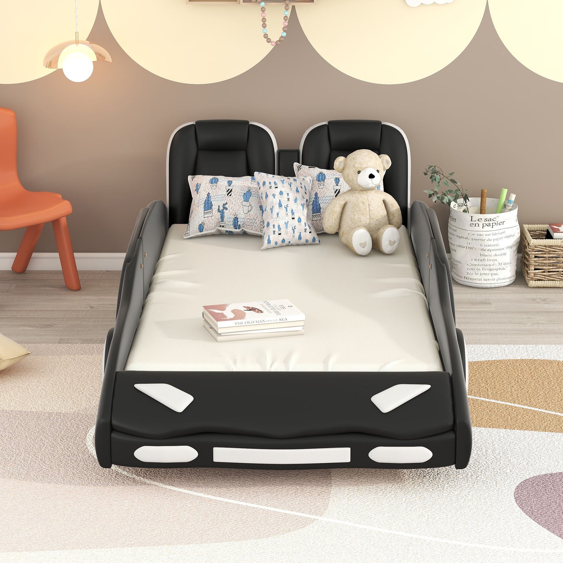 Race Car Shaped Twin Platform Bed With Wheels, Pine Wood Construction - The Sleep Loft - Online Mattress Showroom NYC