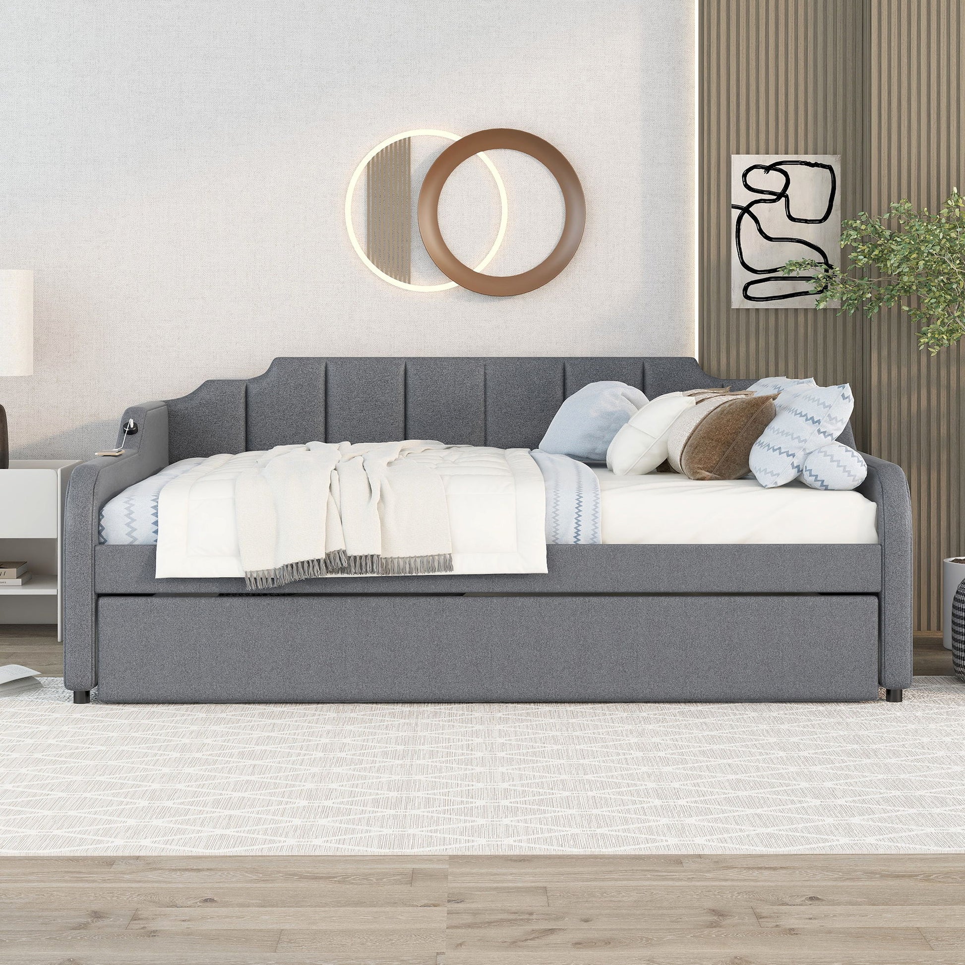 Full Size Upholstered Daybed With Trundle And USB Charging - Gray - The Sleep Loft - Online Mattress Showroom NYC