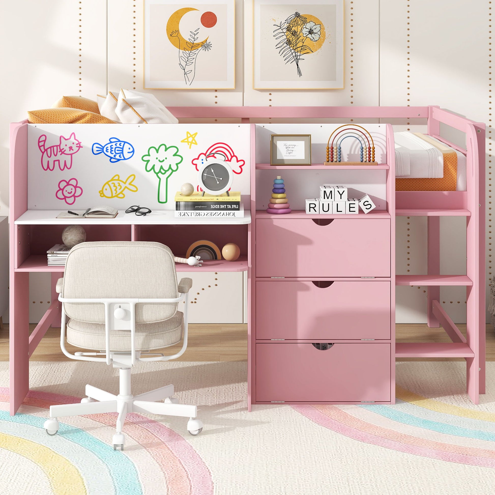 Low Loft Bed With Built In Desk, Storage Cabinets, Open Bookcase And Doodle board - The Sleep Loft - Online Mattress Showroom NYC